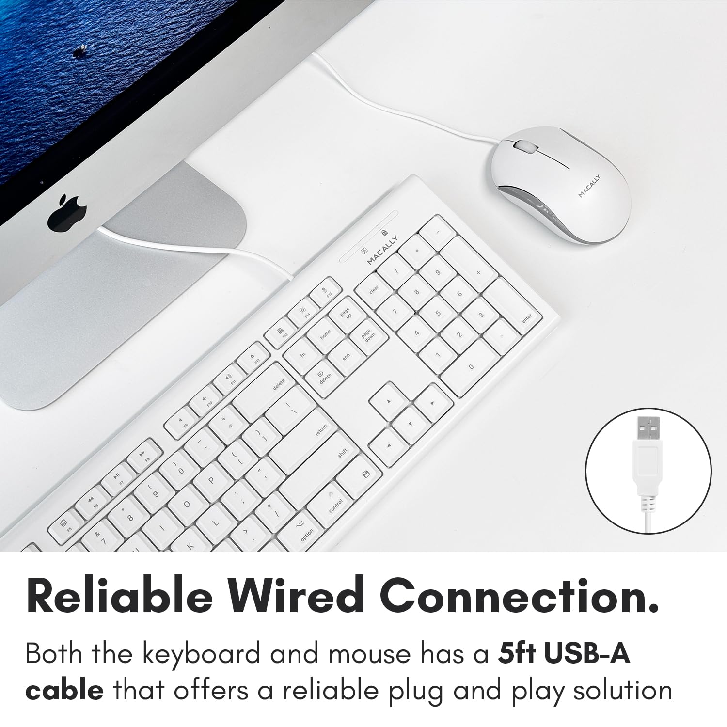 Macally Full Size USB Wired Keyboard and Mouse Combo for Mac - Ergonomic Design with Mac Shortcuts & Number Pad | Compatible with Mac Mini Pro, iMac, MacBook Pro/Air | Perfect for Office Work, Graphic Design & Home Computing