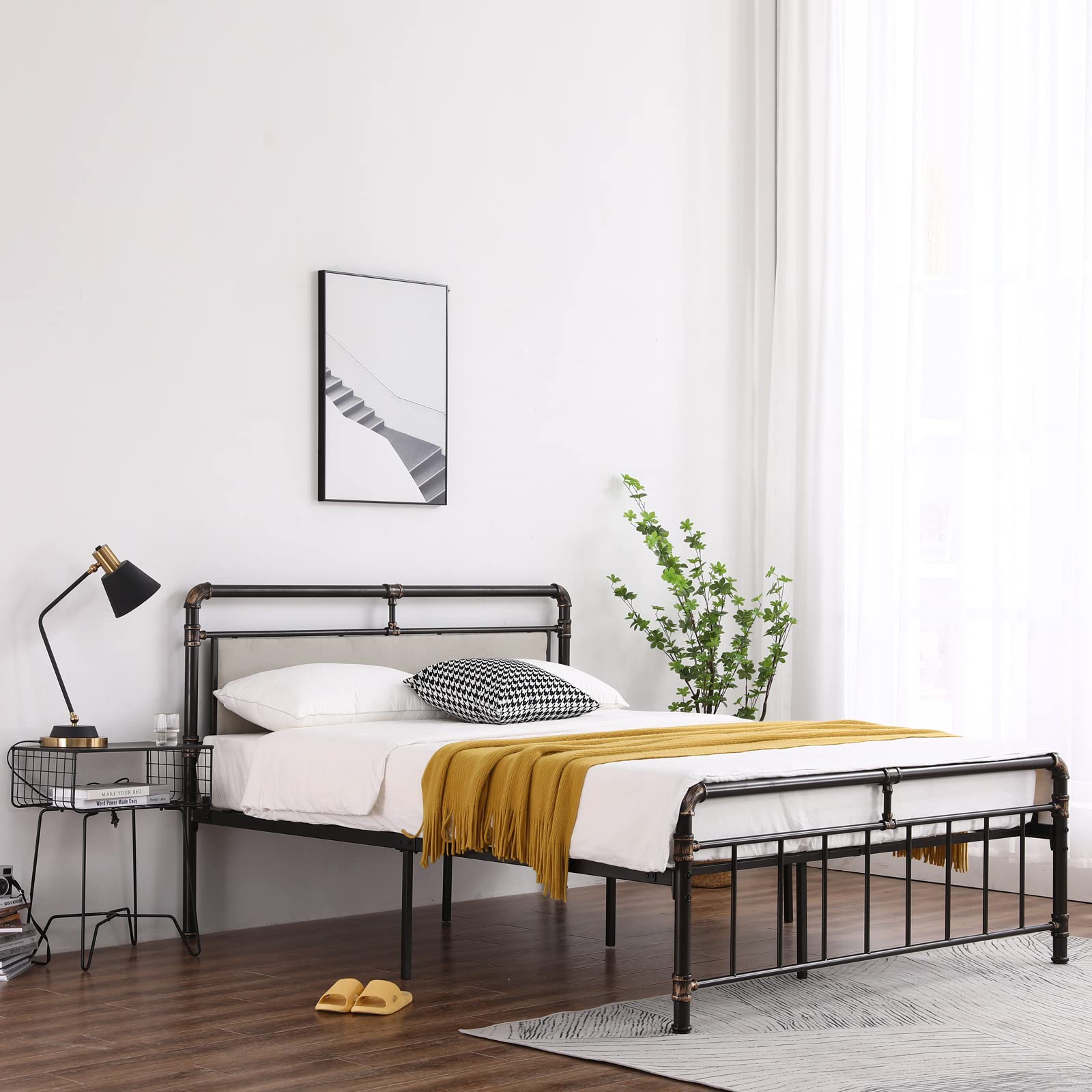 Queen Size Black Gold-Painted Iron Bed Frame with Single-Layer Headboard, Soft Bag Pull Buckle & End Standpipe - Modern Bedroom Furniture for Master Bedroom, Guest Room or Dorm