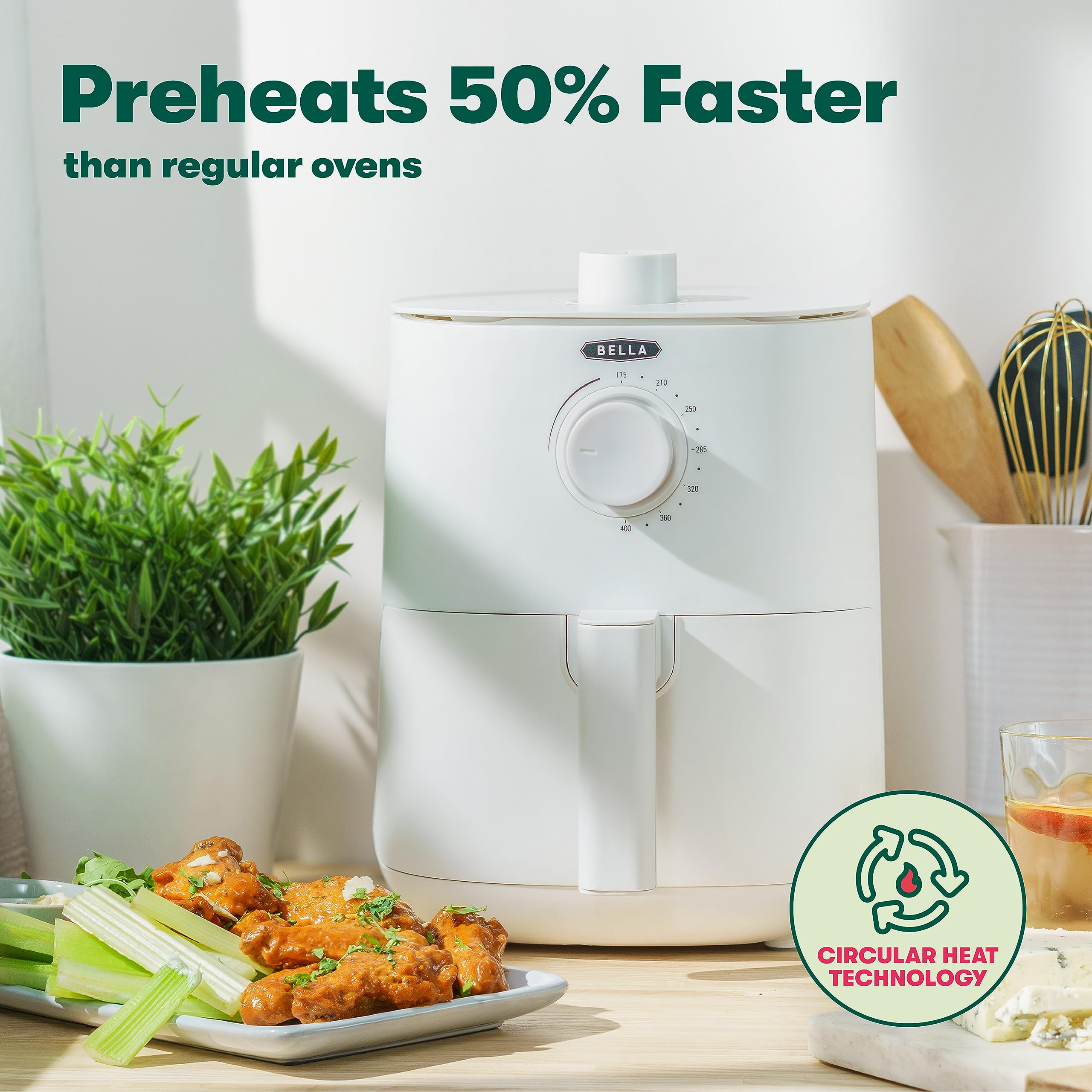 BELLA 3 Qt Manual Air Fryer Oven - 5-in-1 Multicooker with Removable Nonstick Basket & Dishwasher Safe Crisping Tray | 1400W Powerful Heating System | Matte White | Perfect for Healthy Cooking, Meal Prep & Family Dinners