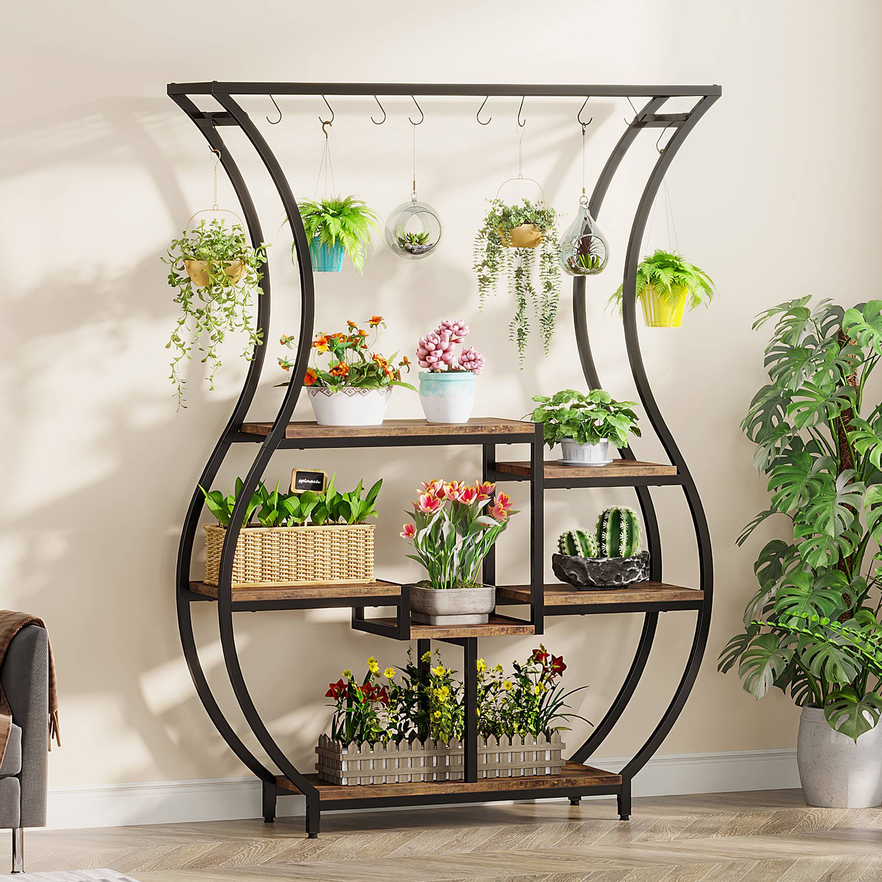 6 Tier Vase Shaped Plant Stand with 10 Hanging Hooks - Multi-Level Flower Pot Holder for Indoor/Outdoor Decor, Balcony & Garden Plant Display Rack