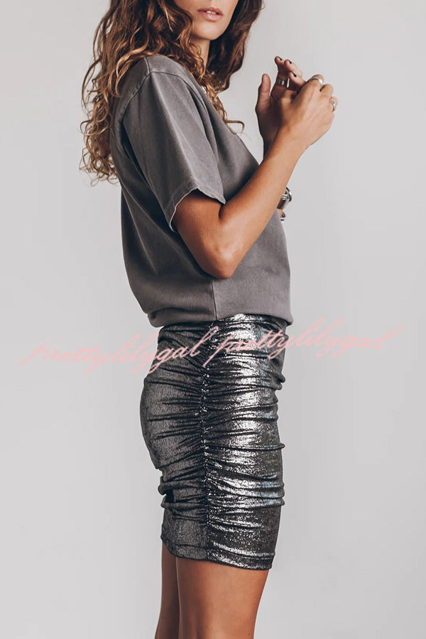 Glitter Fabric Ruched Elastic Waist Mini Skirt for Women - Party, Club, Night Out & Special Occasions - Sexy High Waist Bodycon Skirt for Dancing and Date Nights