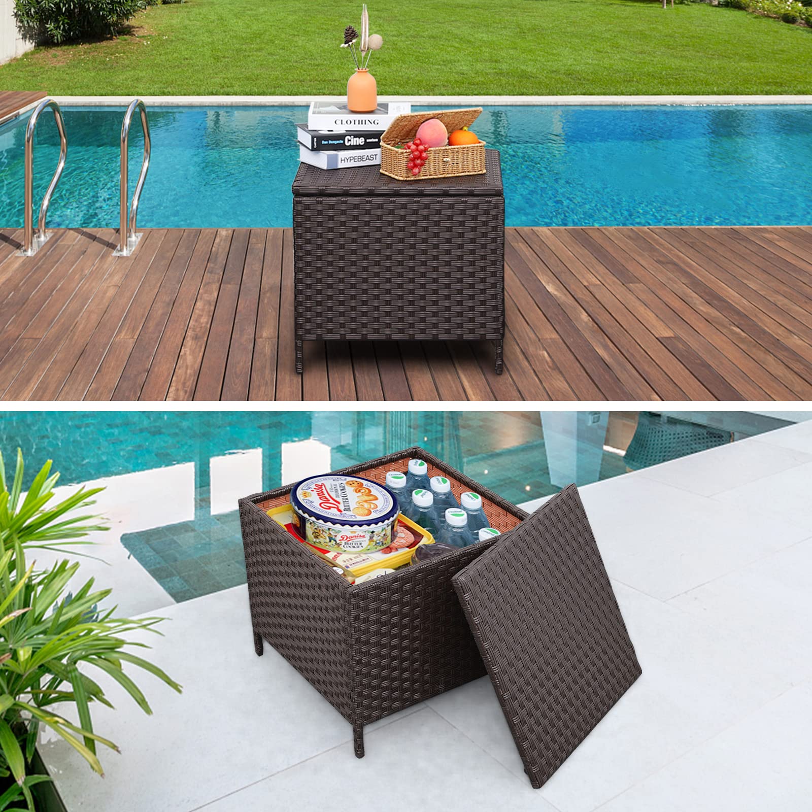 Outdoor PE Wicker Chaise Lounge Set of 3 - Adjustable Brown Rattan Recliners with Turquoise Cushions & Storage Table - Patio, Poolside, Garden Furniture for Relaxing Outdoors
