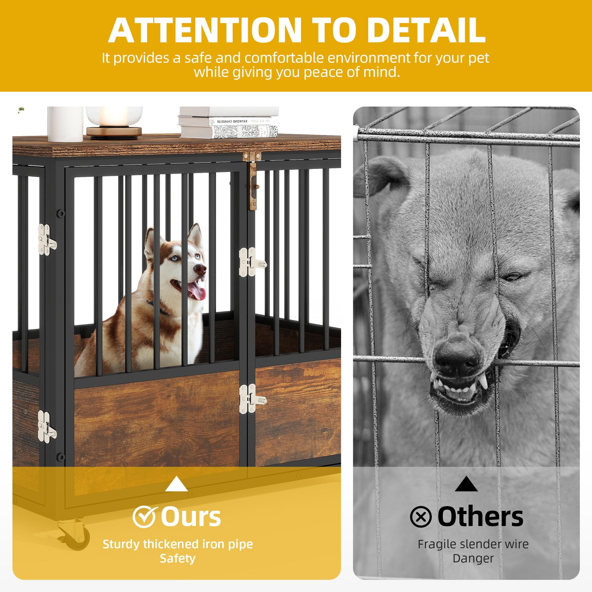 DWVO 38 Inch Rustic Brown Farmhouse Dog Crate Furniture with Wheels - Chew-Resistant Wooden Kennel End Table with Double Doors for Indoor Use | Perfect for Living Room, Bedroom & Home Decor