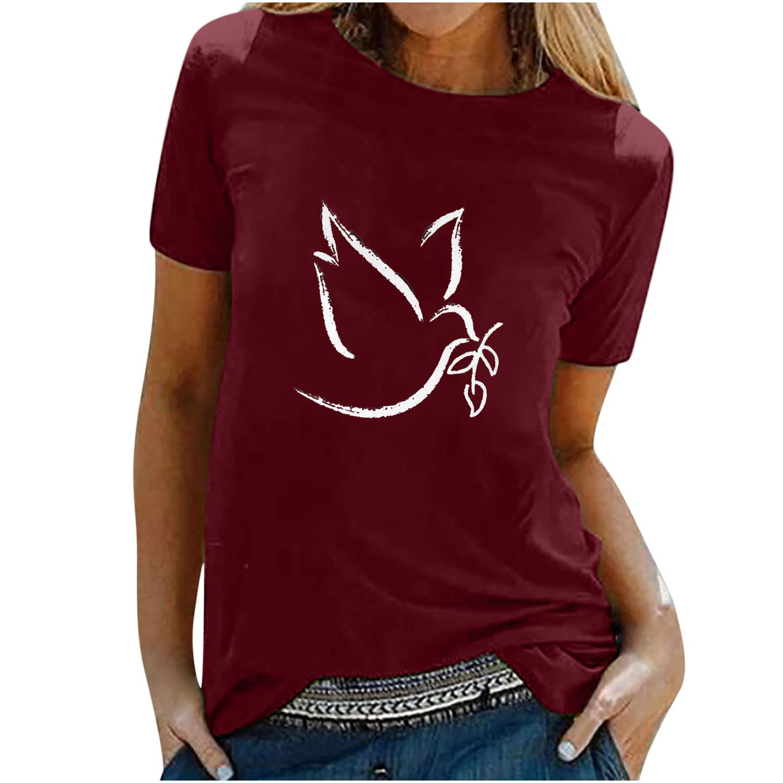 Women's Summer Short Sleeve Pigeon Graphic Crewneck T-Shirt - Casual Loose Fit Solid Color Basic Blouse for Everyday Wear & Outdoor Activities