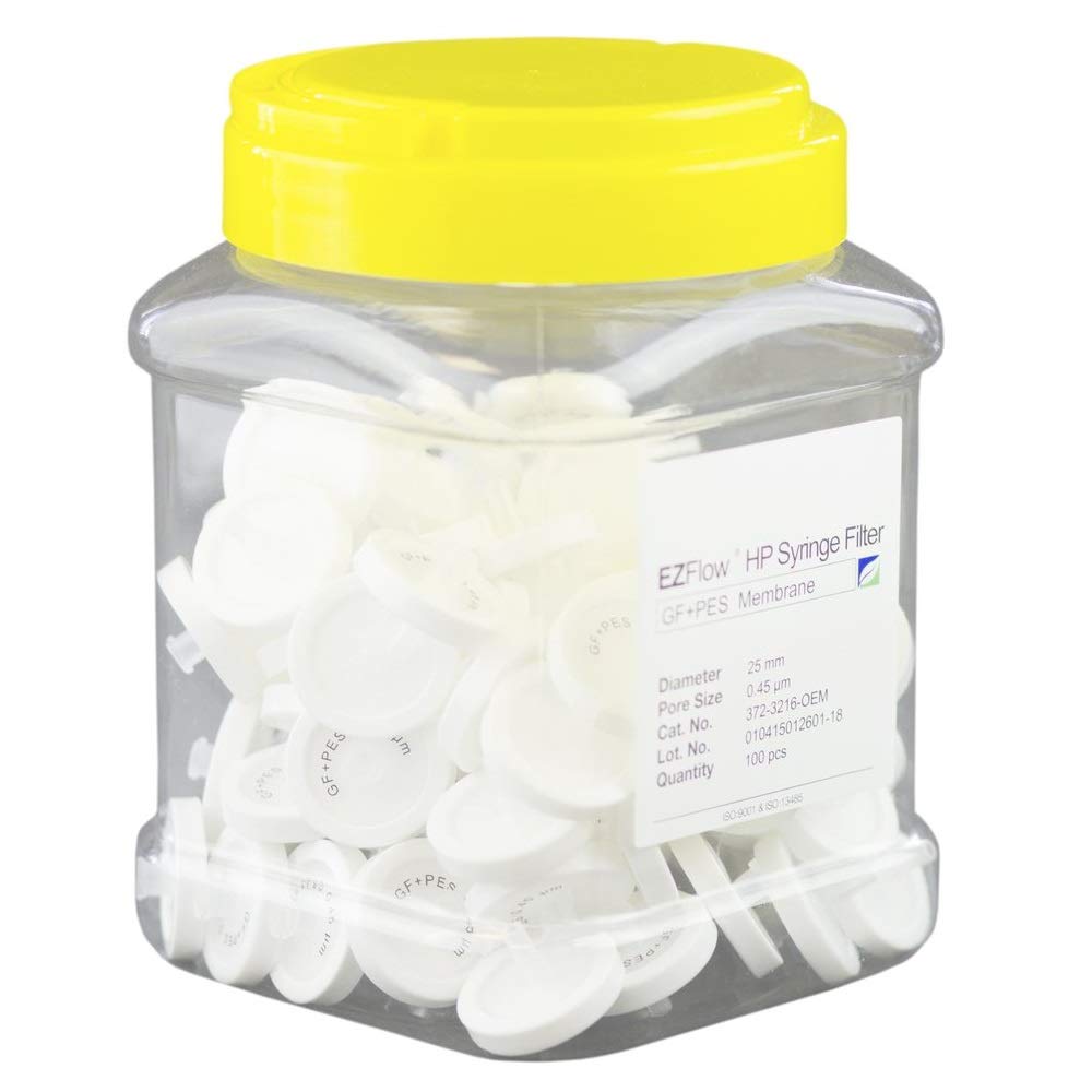 Foxx Life Sciences 372-3216-OEM PES Membrane Syringe Filter with Glass Fiber Prefilter, 25mm Diameter, 0.45µm Pore Size, Pack of 100 - High Flow Rate for HPLC, Environmental Testing & Pharmaceutical Sample Preparation