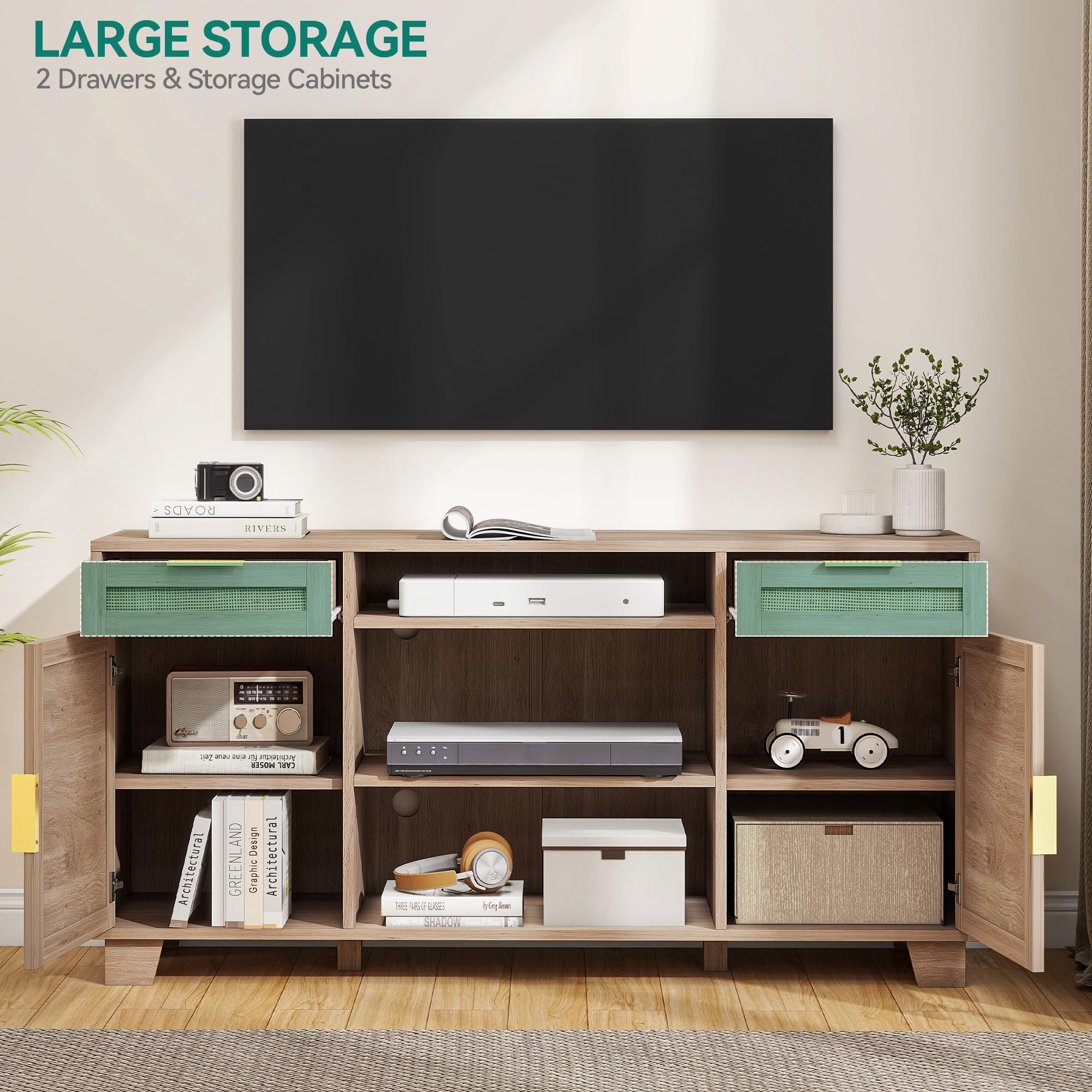 YITAHOME 65 Inch TV Stand with Storage, Boho Rattan Entertainment Center with Drawers & Adjustable Shelves - Natural Oak TV Media Console for Living Room, Bedroom & Home Theater
