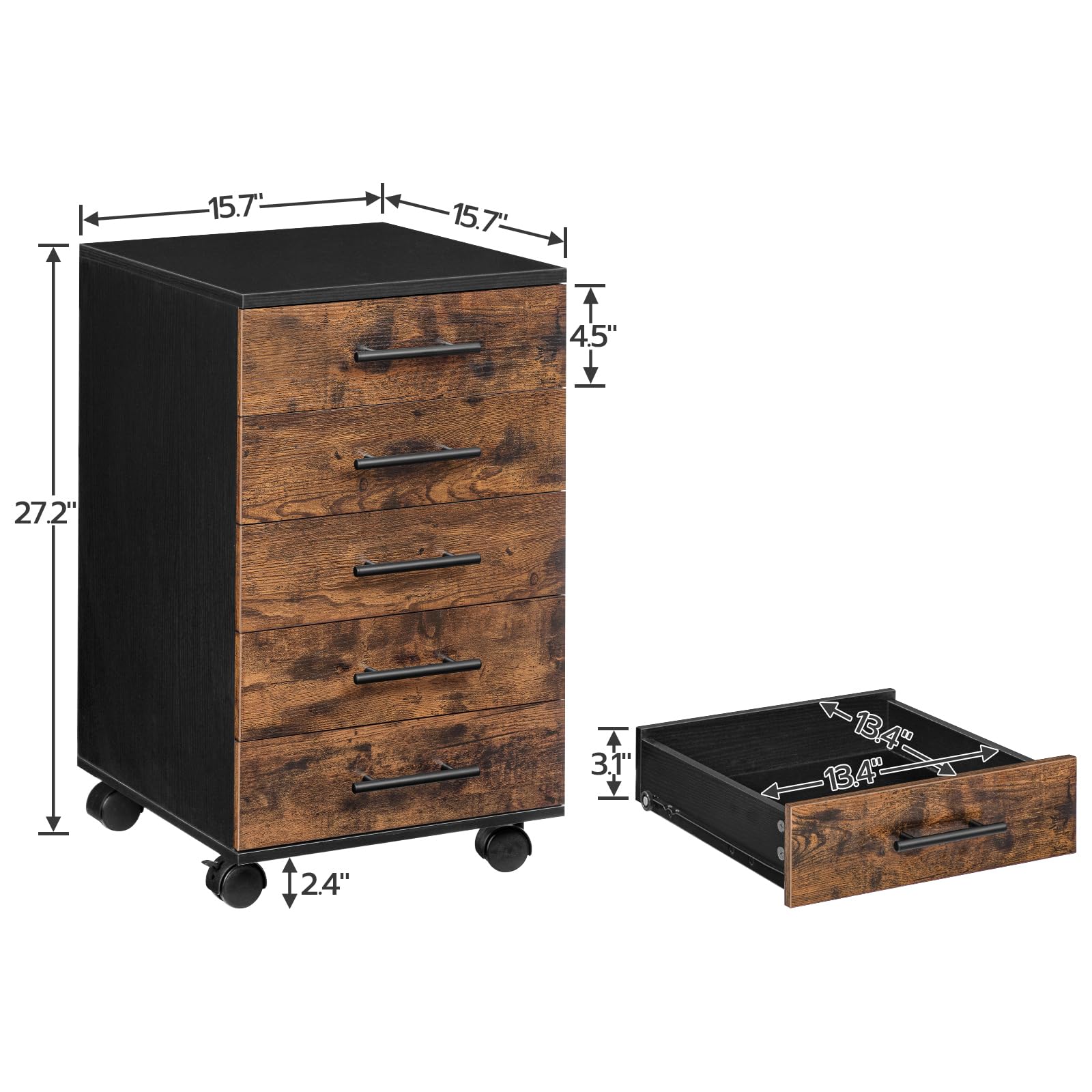 HOOBRO 5-Drawer File Cabinet with Wheels - Rustic Brown Wooden Storage Cabinet for Office, Home, Makeup & Craft Organization - Mobile Filing Cabinet with Easy Assembly - Perfect for Home Office, Bedroom & Beauty Salon Storage