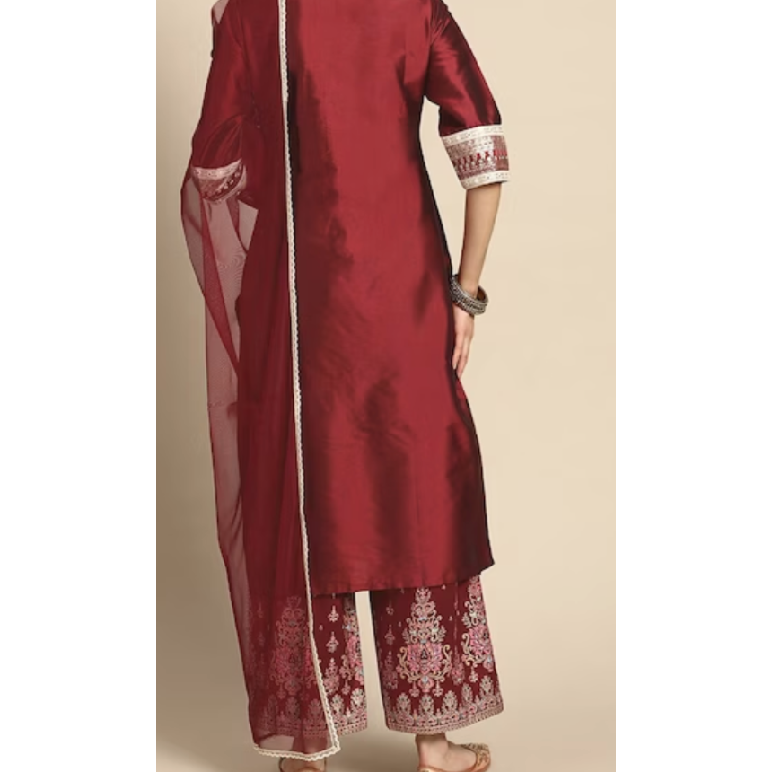 Elegant Maroon Kurta with Mirror Work & Printed Trousers Set - Indian Party Wear for Women | Perfect for Festivals, Weddings & Special Occasions