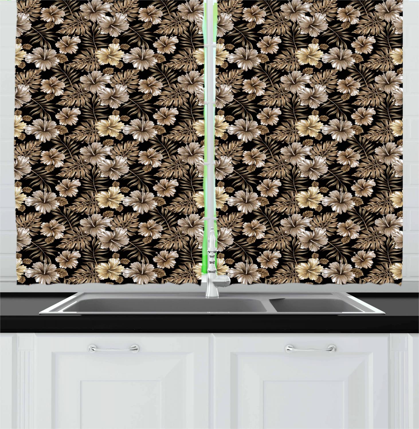 Ambesonne Vintage Floral Kitchen Curtains - Victorian Style Lily & Leaf Print Drapes with Rod Pocket, 55x45 Inches, Sepia Black Tan - Perfect for Farmhouse, Cottage & Traditional Home Decor