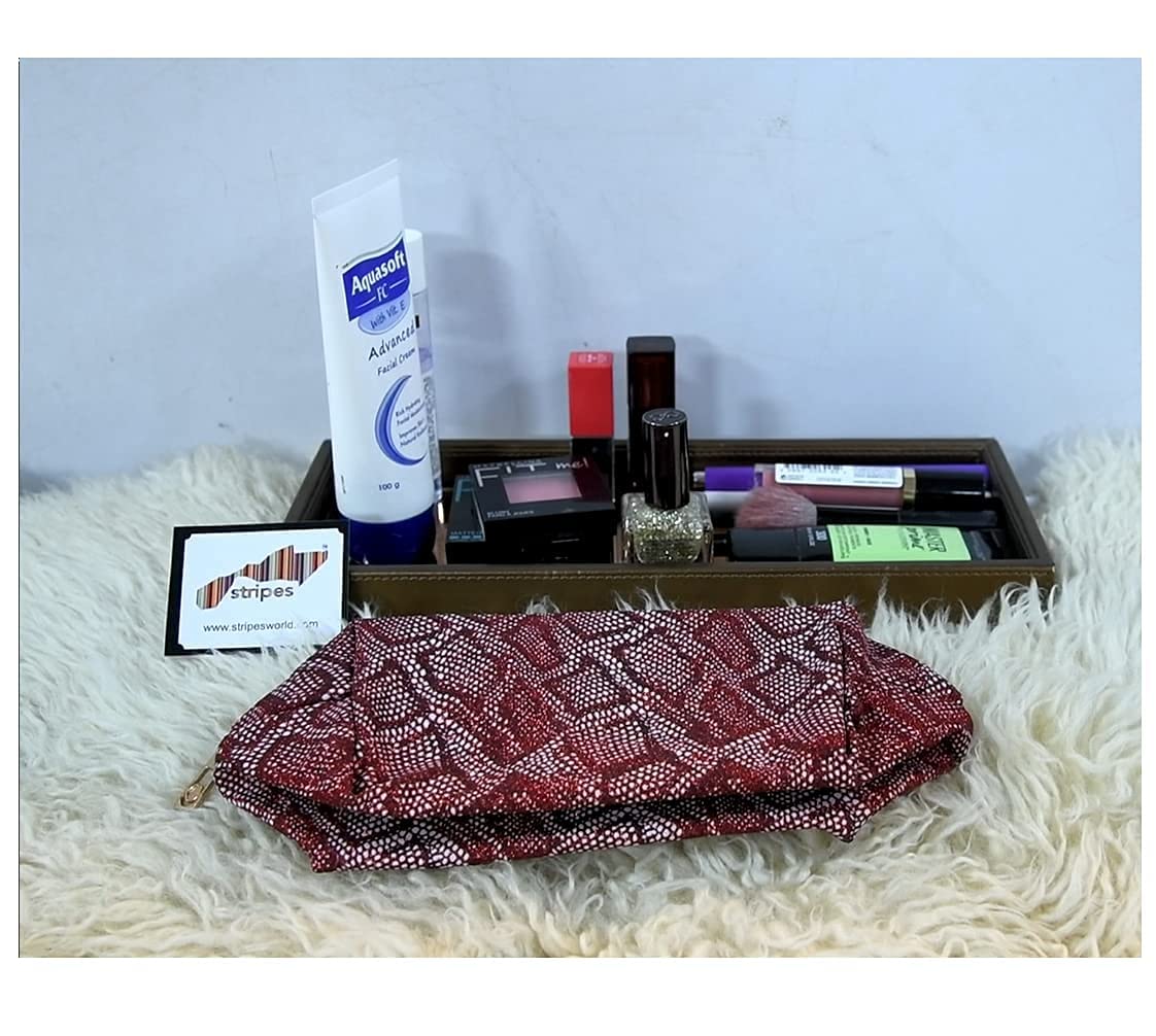 STRIPES® Red Glitter Snake Skin Cosmetic Organizer Bag - Soft Travel Makeup Pouch for Women & Girls (Pack of 2) | Perfect for Toiletries, Beauty Essentials & Stylish On-the-Go Organization