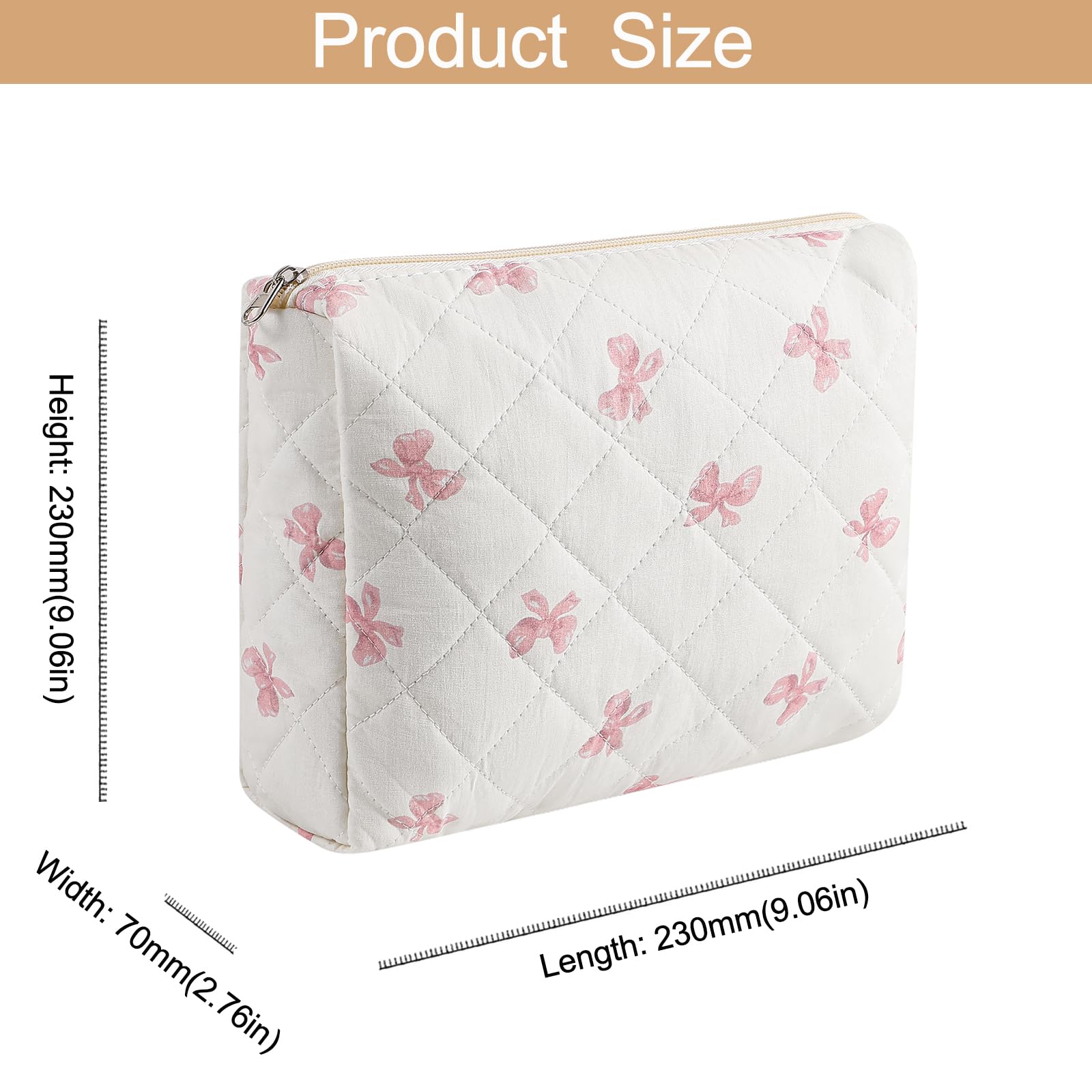 Quilted Cotton Makeup Bag for Women - Large Floral Cosmetic Organizer with Zipper, Travel Toiletry Storage Bag (Pink Bow Tie) - Perfect for Travel, Home & Gift Giving