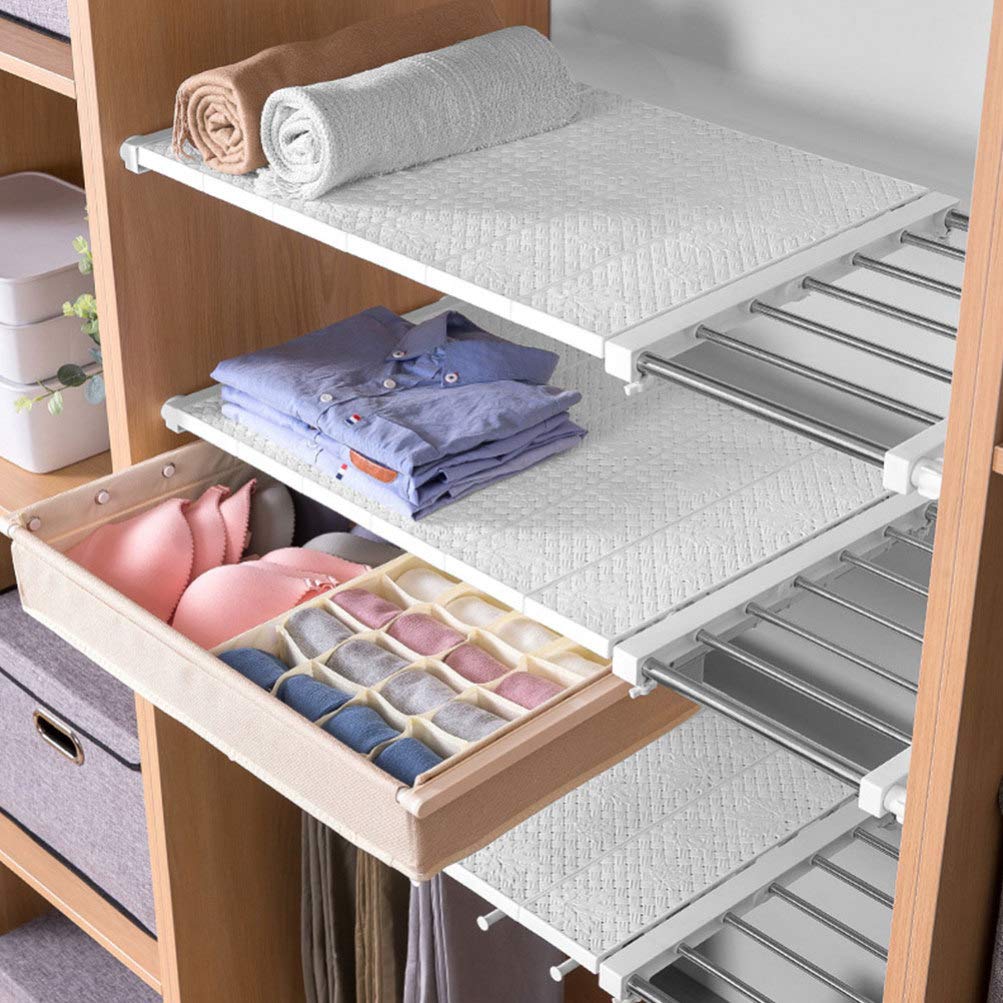 Adjustable Expandable Metal Wardrobe Storage Rack - White ABS Tension Closet Organizer Shelf for Clothes, Shoes & Accessories | Perfect for Bedroom, Dressing Table & Walk-in Closet Organization