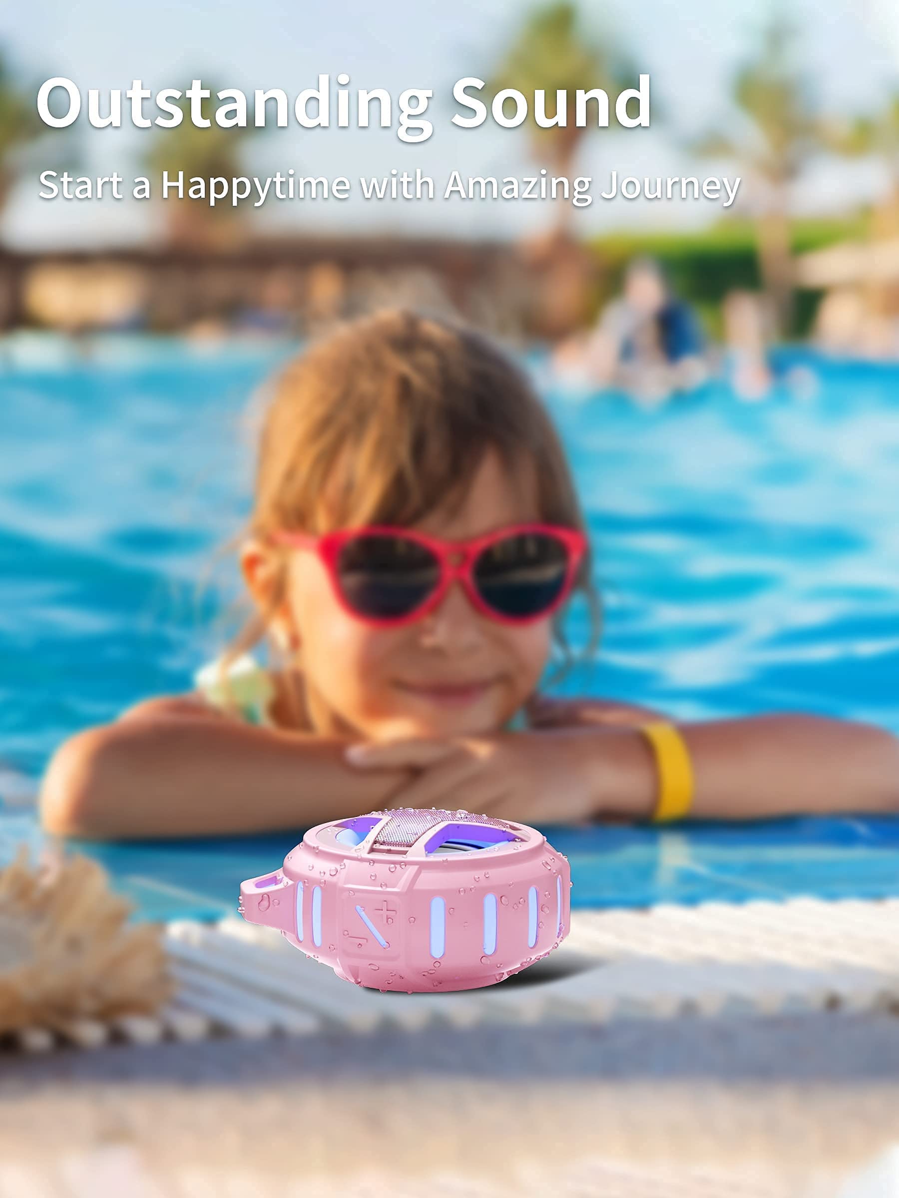 EBODA Waterproof Bluetooth Speaker with LED Light Show, Floating Design, Portable Wireless Speaker with 24H Playtime & True Wireless Stereo - Perfect for Kayaking, Pool Parties, Beach Outings, Biking (Gray and Pink)