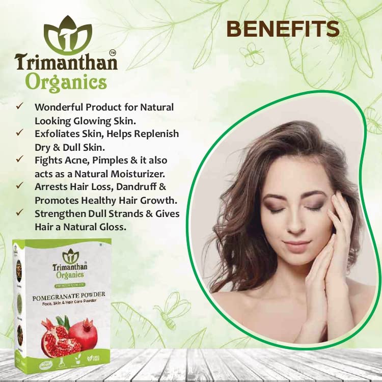 TRIMANTHAN ORGANICS 100% Pure Pomegranate Powder for Hair Growth & Skin Care - Natural Face Mask, Anti-Aging Treatment (100g) | DIY Beauty Recipes, Organic Skincare Routine, Vegan Hair Treatment