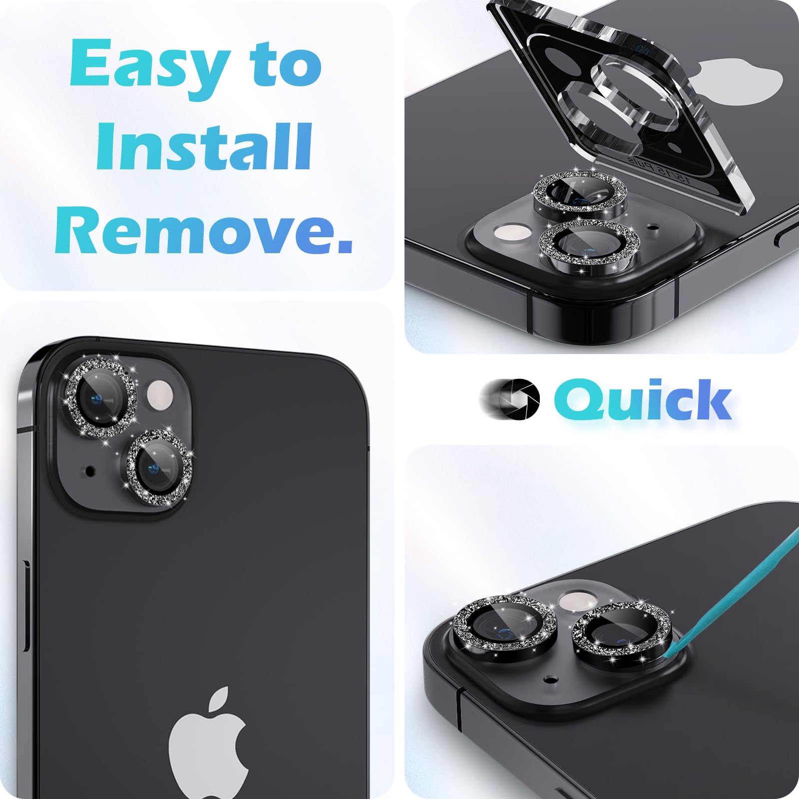 imluckies iPhone 15 & iPhone 15 Plus Camera Lens Protector - HD Clear Aluminum Alloy Ring with 9H Tempered Glass | Glitter Black Back Screen Protection Film | Perfect for Travel, Photography & Daily Use