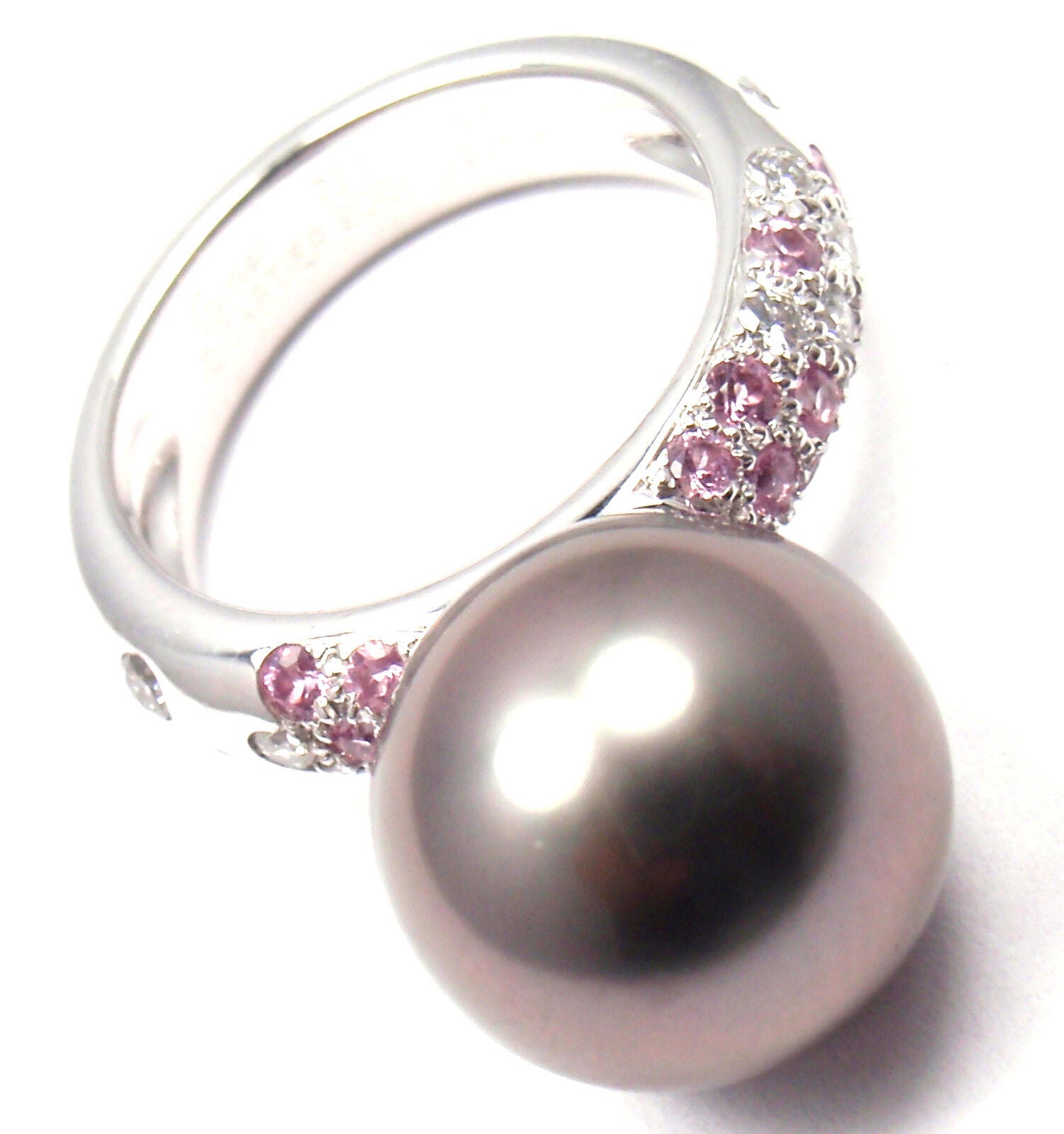 Authentic Cartier 18K White Gold Tahitian Pearl Diamond Pink Sapphire Ring for Women - Luxury Jewelry Gift for Anniversary, Valentine's Day & Special Occasions