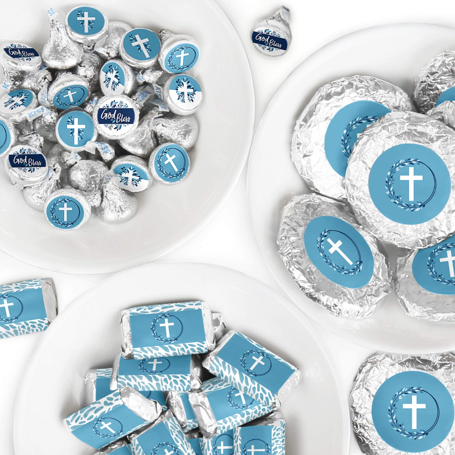Elegant Blue Cross Candy Wrappers & Stickers - 304pcs Religious Party Favor Kit for Boys - Perfect for Baptisms, First Communions & Sunday School Treats