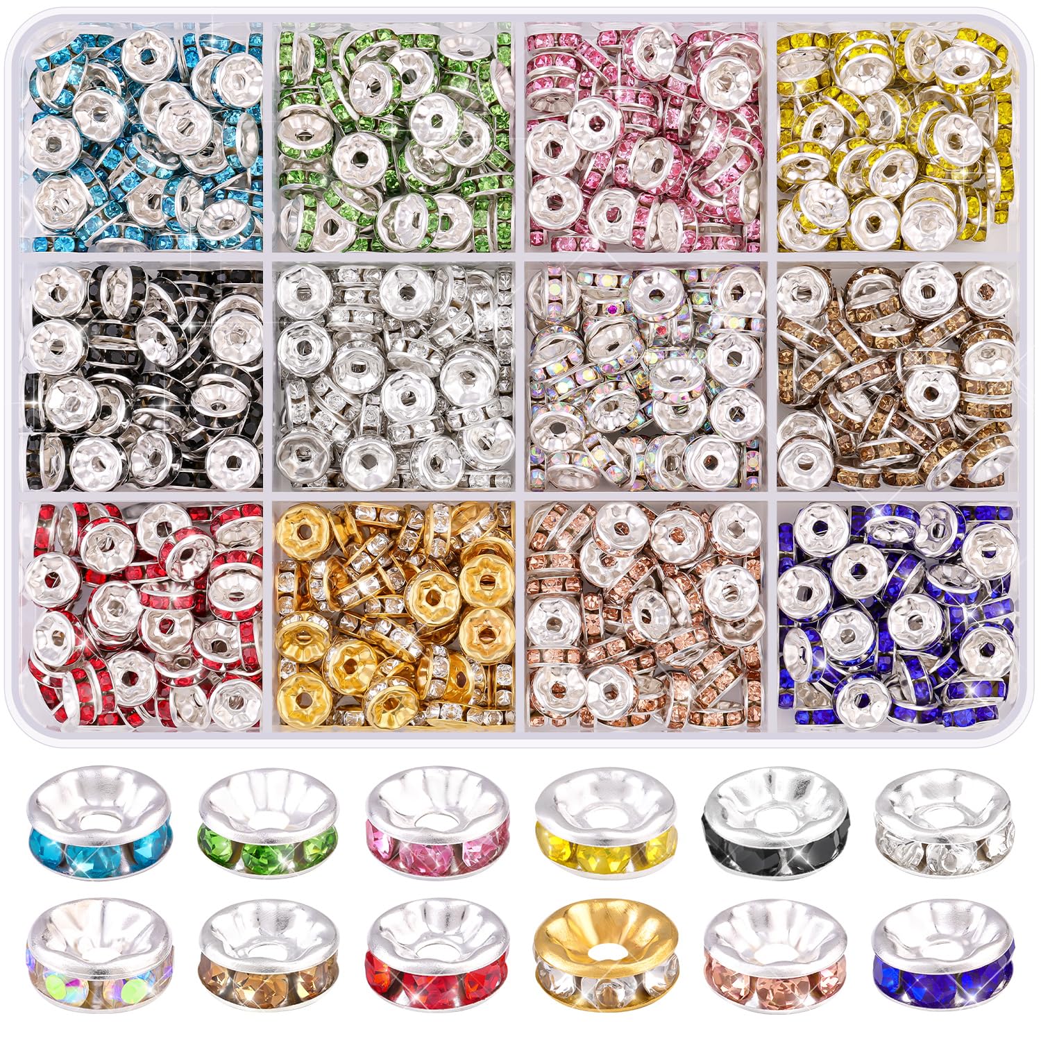 720pcs 8mm Spacer Beads for Jewelry Making - 12 Color Rondelle Crystal Rhinestone Beads Kit with Sparkle Finish - DIY Craft Beads for Necklace, Bracelet, Earrings & Pen Decor (Perfect for Wedding, Party & Gift Projects)