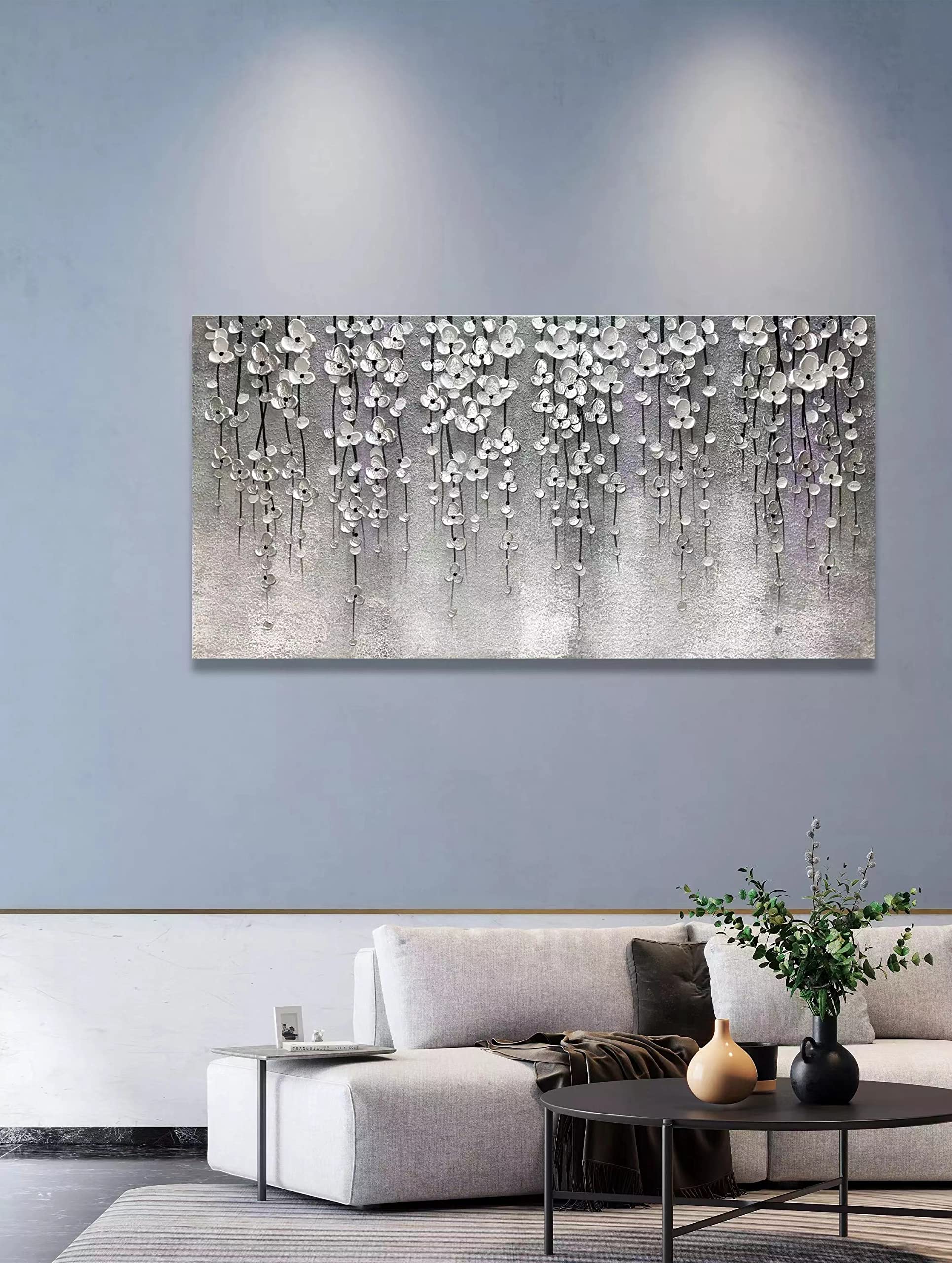 Yika Art 24x48 Inch Modern Abstract Oil Painting - Hand Painted Canvas Wall Art Decor for Living Room, Bedroom & Office - Silver Flower 3D Artwork (Grey) | Perfect for Home Decor, Housewarming Gifts & Interior Design