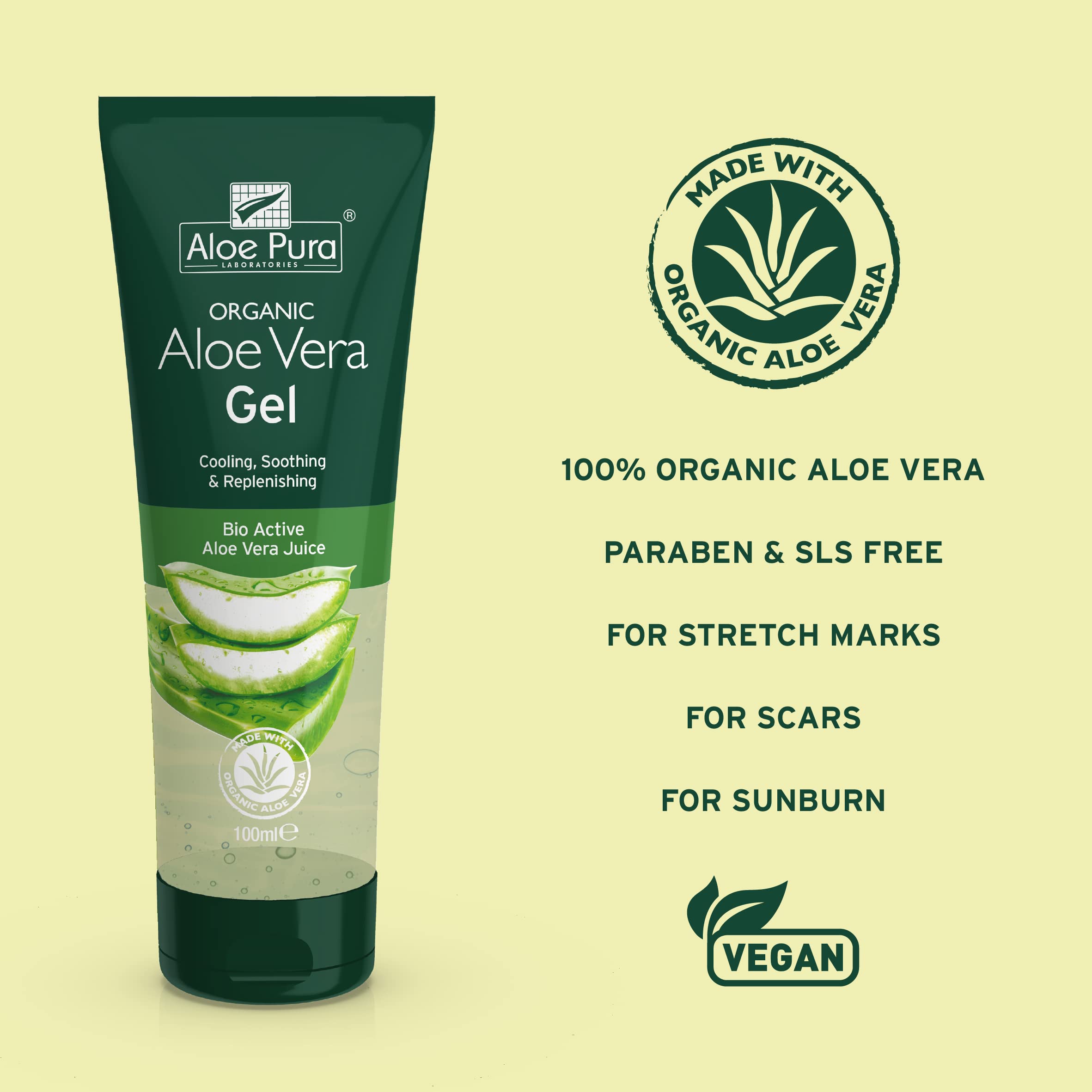 Organic Aloe Vera Gel by Aloe Pura - 100ml | Natural, Vegan, Cruelty-Free, Paraben & SLS Free | Cooling & Soothing for Sunburn, Dry Skin & After Shave Care