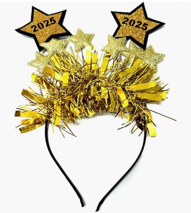 Dusenly 2025 Happy New Year Headband - Gold & Silver Glitter Star Sequins Tiara Hairband for Women | Perfect for NYE Parties, Countdown Events & New Year Celebrations