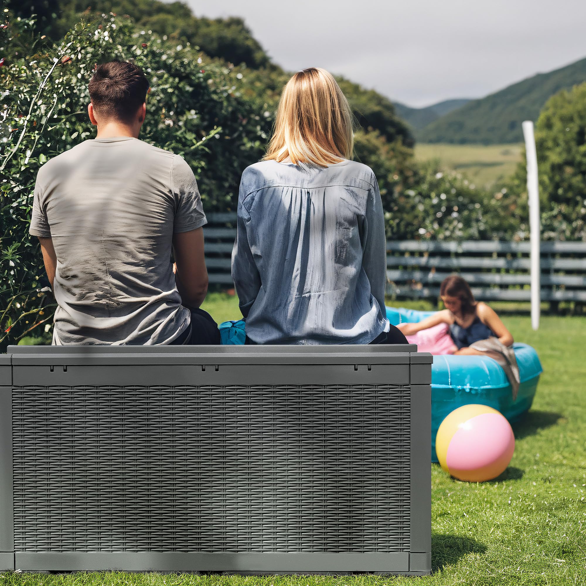 GUNJI 100 Gallon Resin Deck Box with Cushion - Outdoor Weatherproof Storage Container for Patio Furniture, Garden Tools & Pool Accessories - Lockable Large Storage Box for Backyard, Deck & Poolside Organization (Gray)