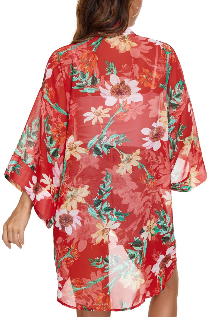 Tribear Women's Floral Printed Chiffon Kimono Cardigan - Lightweight Bat Sleeve Cover Up for Beach, Pool, Summer Outfits & Casual Wear