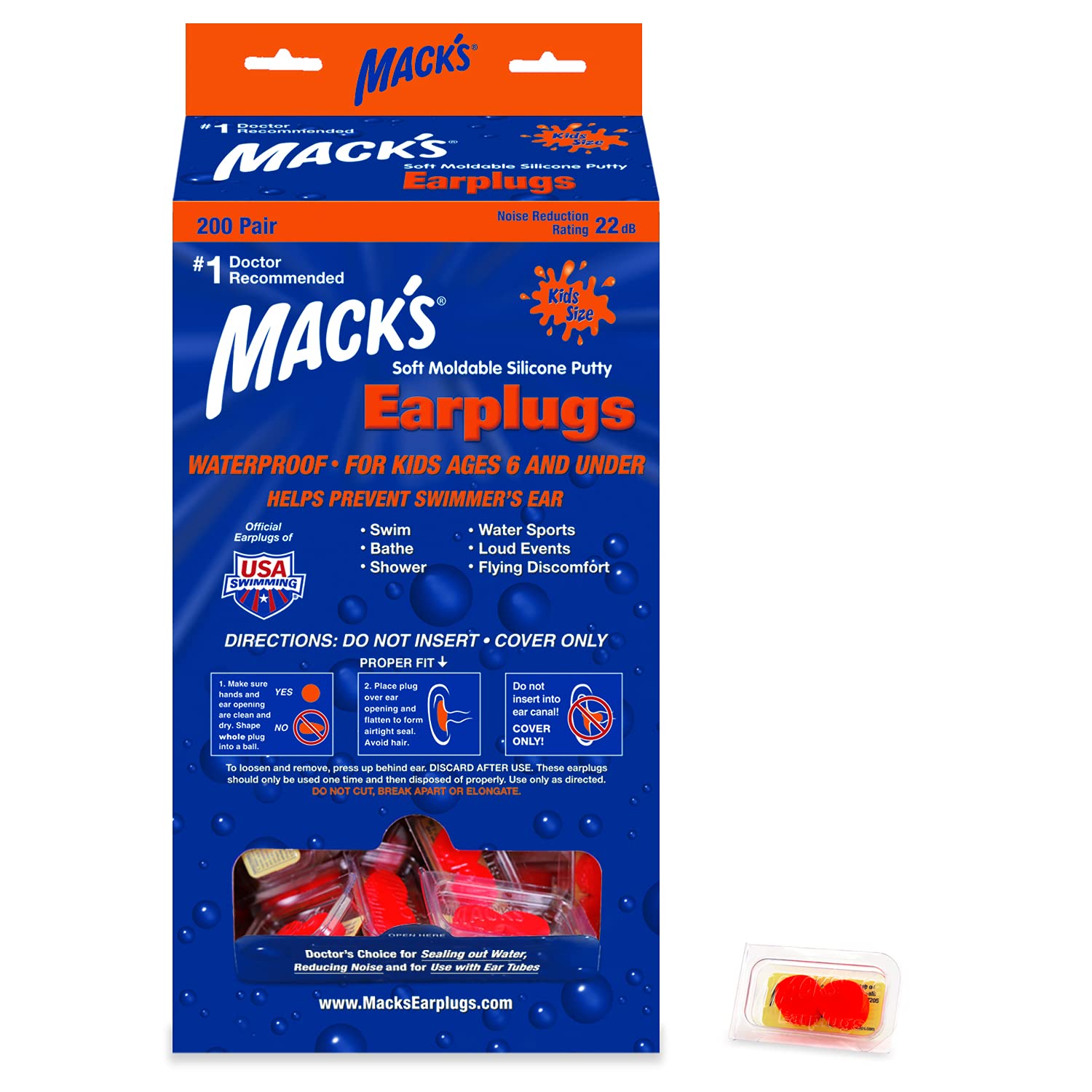 Mack’s Soft Moldable Silicone Putty Earplugs for Kids - 200 Pair Dispenser | Comfortable Small Ear Plugs for Swimming, Bathing, Travel, Concerts & Flying | Noise Reduction, Waterproof & Made in USA | Perfect for Sensitive Ears & Active Lifestyles