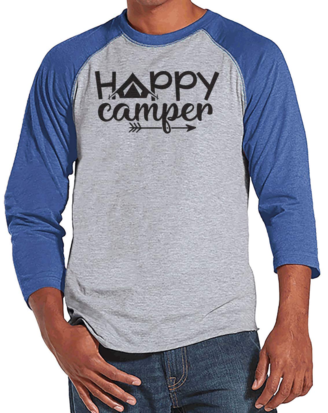 Happy Camper Tent Blue Raglan Tee for Men | Comfortable Short Sleeve Graphic T-Shirt | Perfect for Camping, Hiking & Outdoor Adventures