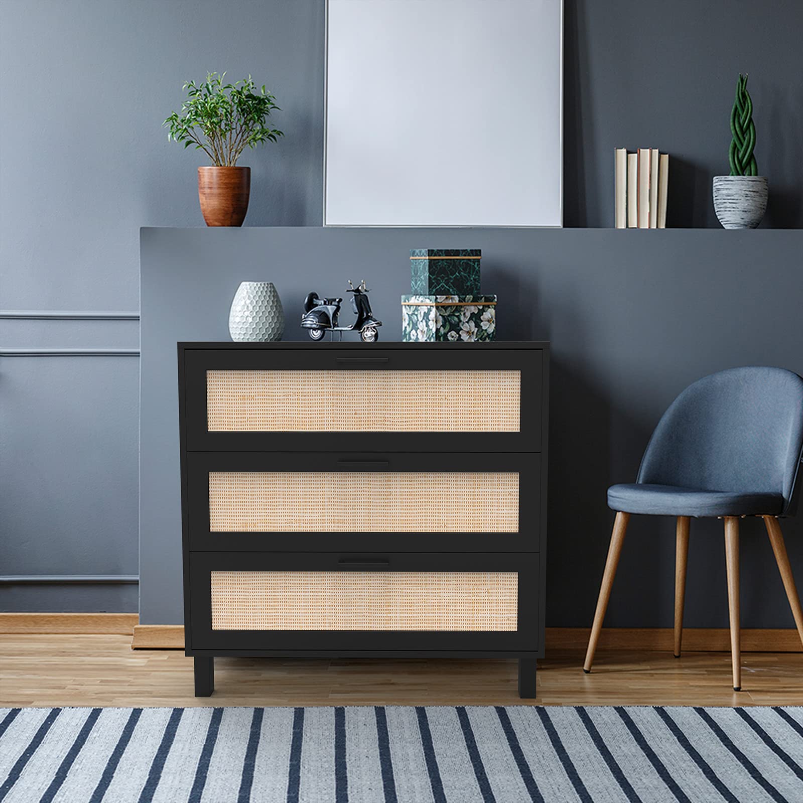 CREATIVELAND 3-Drawer Rattan Dresser - Modern Oxford Woven Chest of Drawers, Bedside Table with Storage for Bedroom, Living Room & Entryway | Durable Luxury Furniture for Home Decor (Black) - Perfect for Small Spaces, Apartment Organization & Stylish Corner Storage