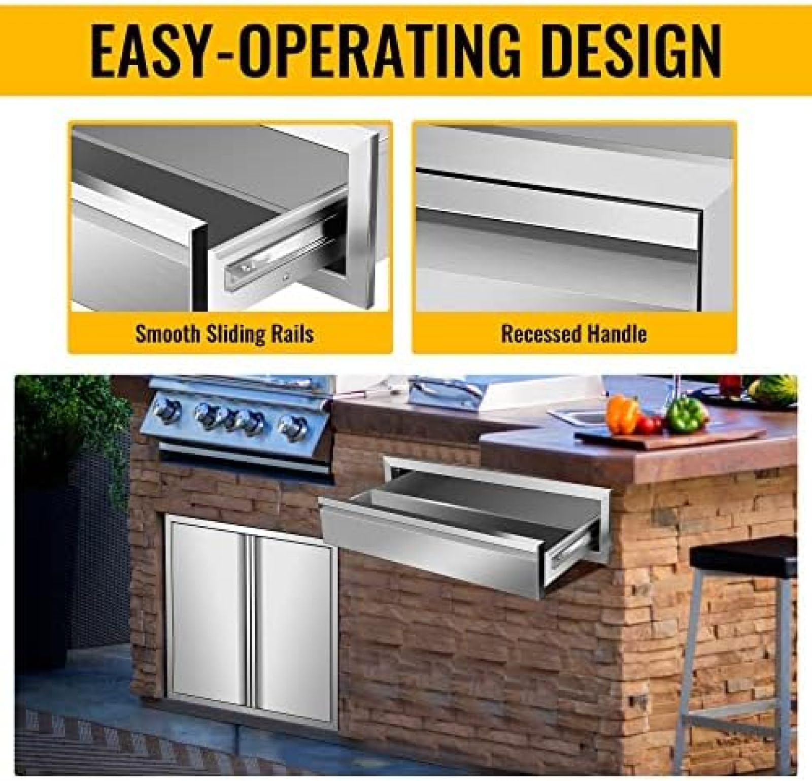 Stainless Steel Outdoor Kitchen Drawers - Flush Mount Double BBQ Access Drawers with Recessed Handle (30W x 6.5H x 23D Inches) - Perfect for BBQ Islands, Grill Stations & Outdoor Kitchen Organization