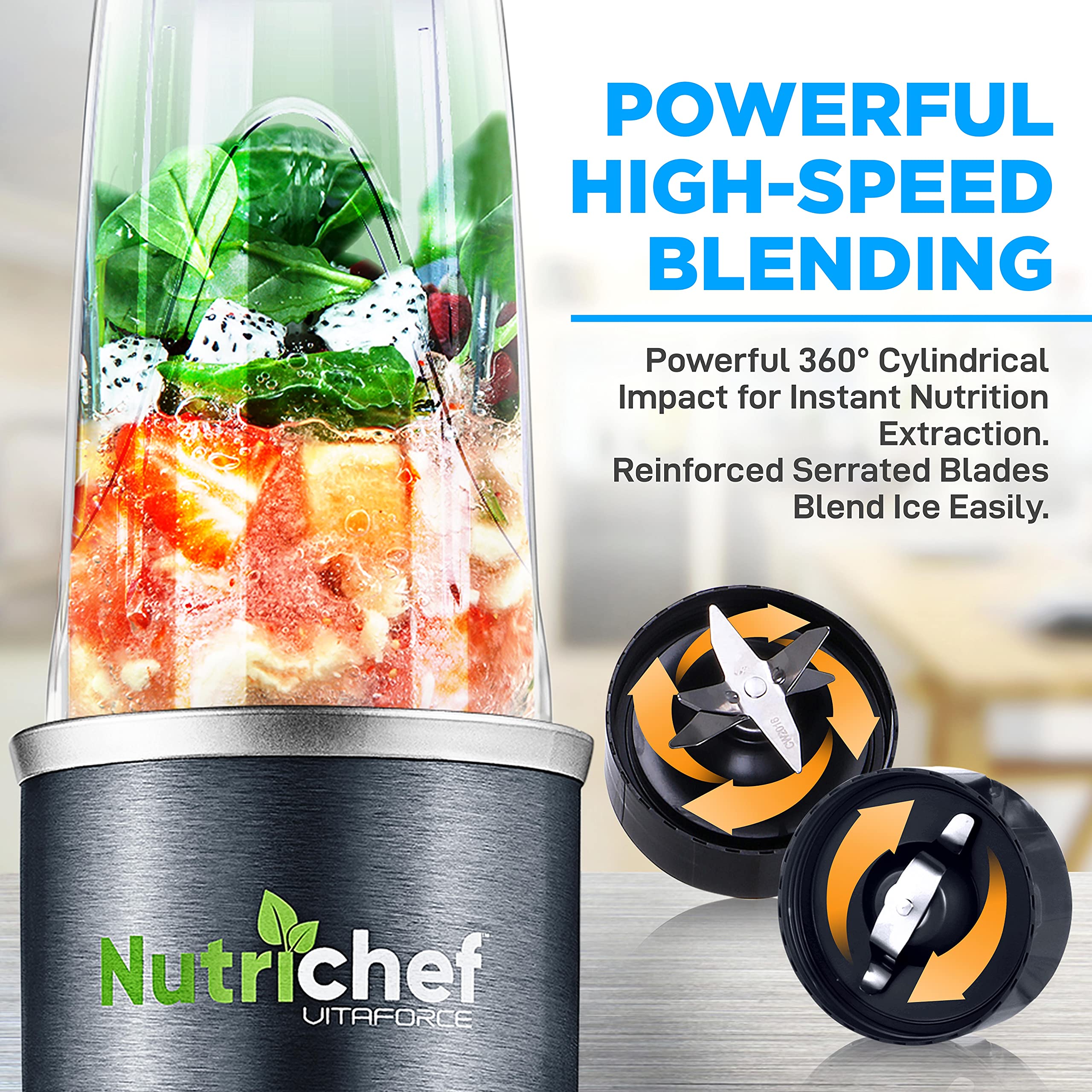 NutriChef NCBL60 600W Personal Electric Blender - Single Serve Mini Blender for Smoothies, Shakes & Protein Drinks - Compact Countertop Blender with Pulse Function, Travel Cups (10oz & 20oz) - Perfect for Kitchen, Office & Gym Use