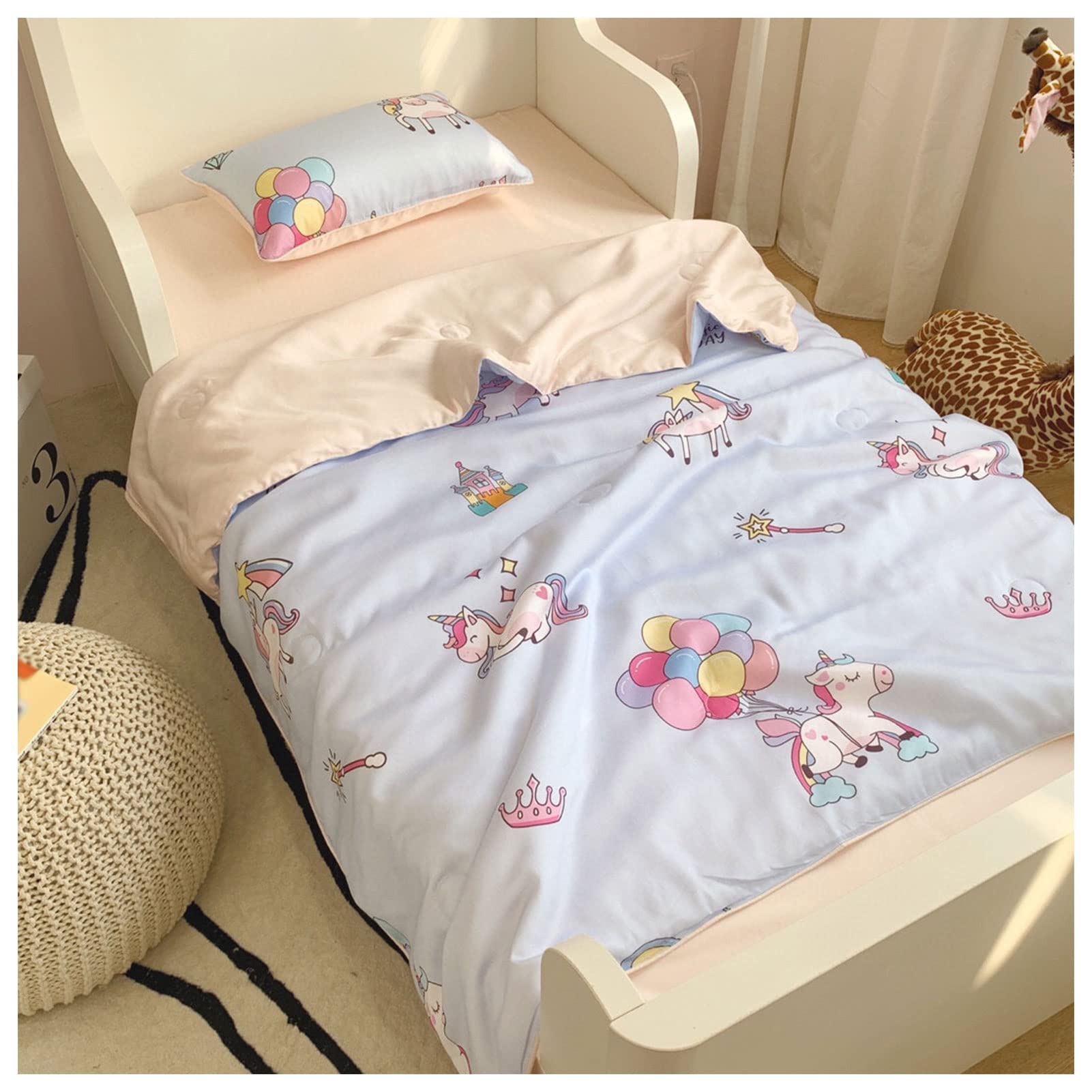 Rainbow Horse Cartoon Printed 80s Tencel Summer Quilt Set for Kids - 3-Piece Air Conditioning Blanket with Ice Silk Cooling Technology (150x200cm) | Perfect for Bedroom, Nursery & Summer Nights