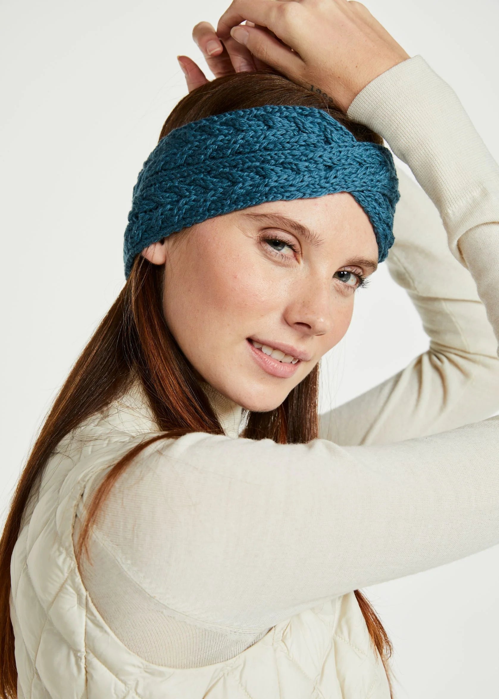Aran Cross Over Headband for Women - Soft Stretchy Knit Hair Band in Teal Blue | Yoga, Workout, Running, and Everyday Wear
