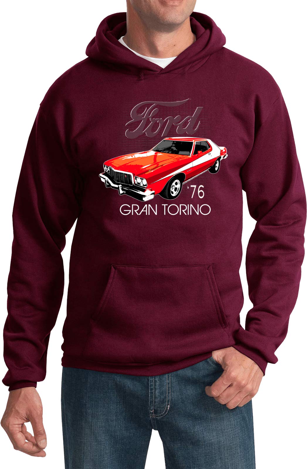 1976 Ford Gran Torino Red Hoodie - Vintage Car Enthusiast Apparel for Casual Wear & Car Shows