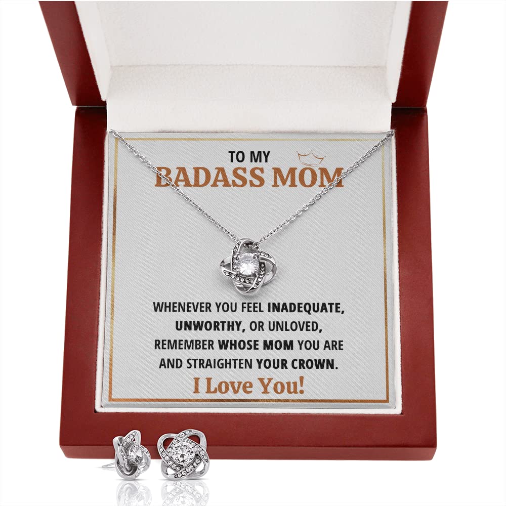 Personalized Mom Necklace Gift Set - Sterling Silver Pendant Jewelry with Message Card & LED Gift Box for Mother's Day, Christmas, Birthday - Perfect for Sons to Show Love (Includes Earrings & Badass Mom Crown Charm) - Ideal for Special Occasions & Everyday Wear
