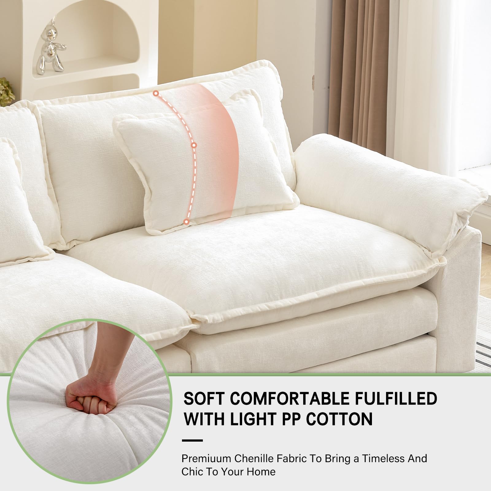Modern L-Shaped Sectional Sofa with Pillows & Ottoman - Cloud Couch for Living Room, Chenille Fabric Sleeper Sofa (Cream White, 4-Seat) - Perfect for Family Gatherings, Movie Nights & Small Space Apartments