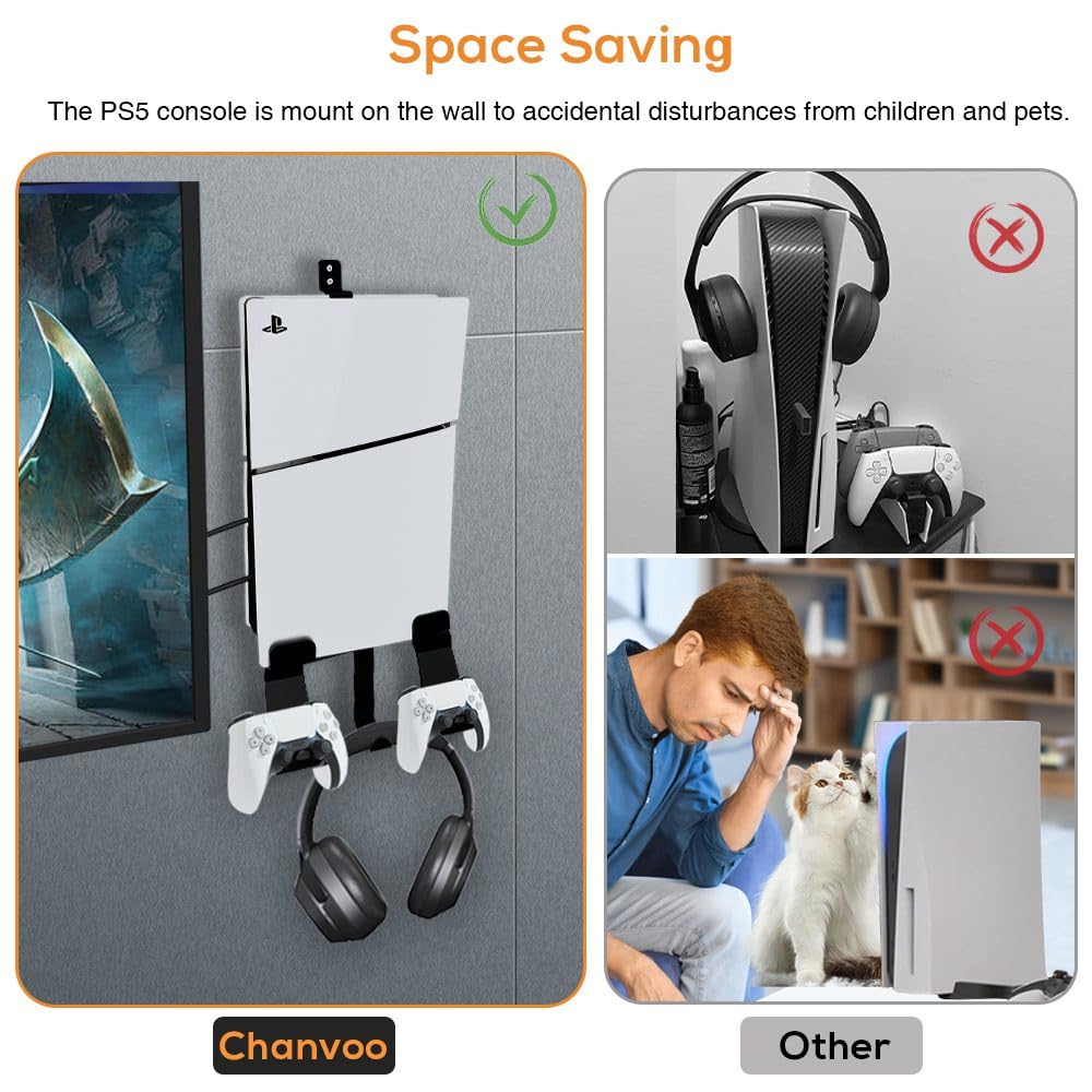 Metal Wall Mount Bracket for PS5, PS5 Slim & PS5 Pro - Behind TV Mounting Kit Compatible with PlayStation 5 Disc & Digital Edition Consoles (Black) - Perfect for Gaming Room, Living Room & Space-Saving Setup