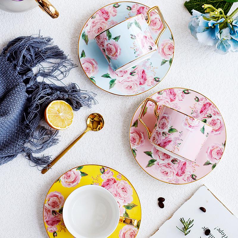 Elegant Blue Porcelain Coffee Cups with Gold Trim & Gift Box - British Tea Cups Set, Rose Flower Tea Cups & Saucers for Latte, Espresso & Afternoon Tea - Perfect for Gifts, Bridal Showers & Coffee Lovers