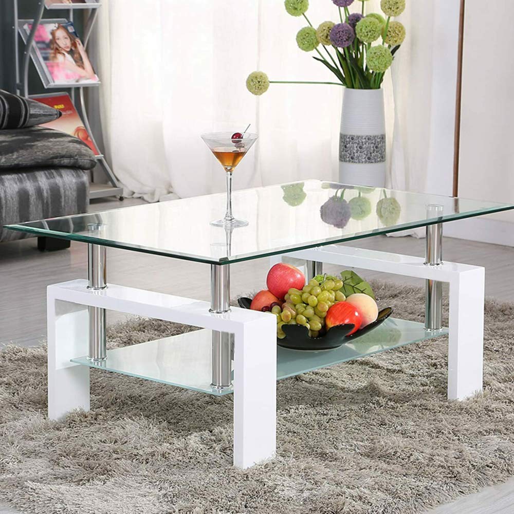 Modern Clear Glass Coffee Table with Wooden Legs & Lower Shelf - Rectangle Living Room Side Table for Home Decor (White) | Perfect for Small Spaces, Apartments & Contemporary Living Rooms