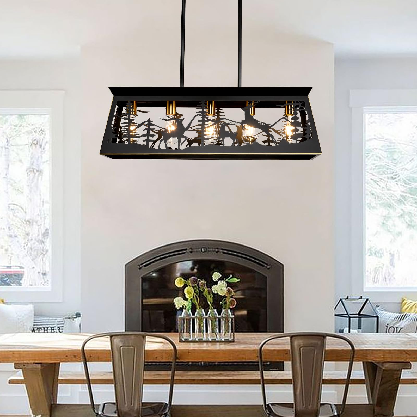 32-Inch Black Rustic Farmhouse Chandelier - 5-Light Kitchen Island Lighting, Deer Design Dining Room Fixture for Rustic Decor, Perfect Over Tables in Dining Rooms and Kitchens