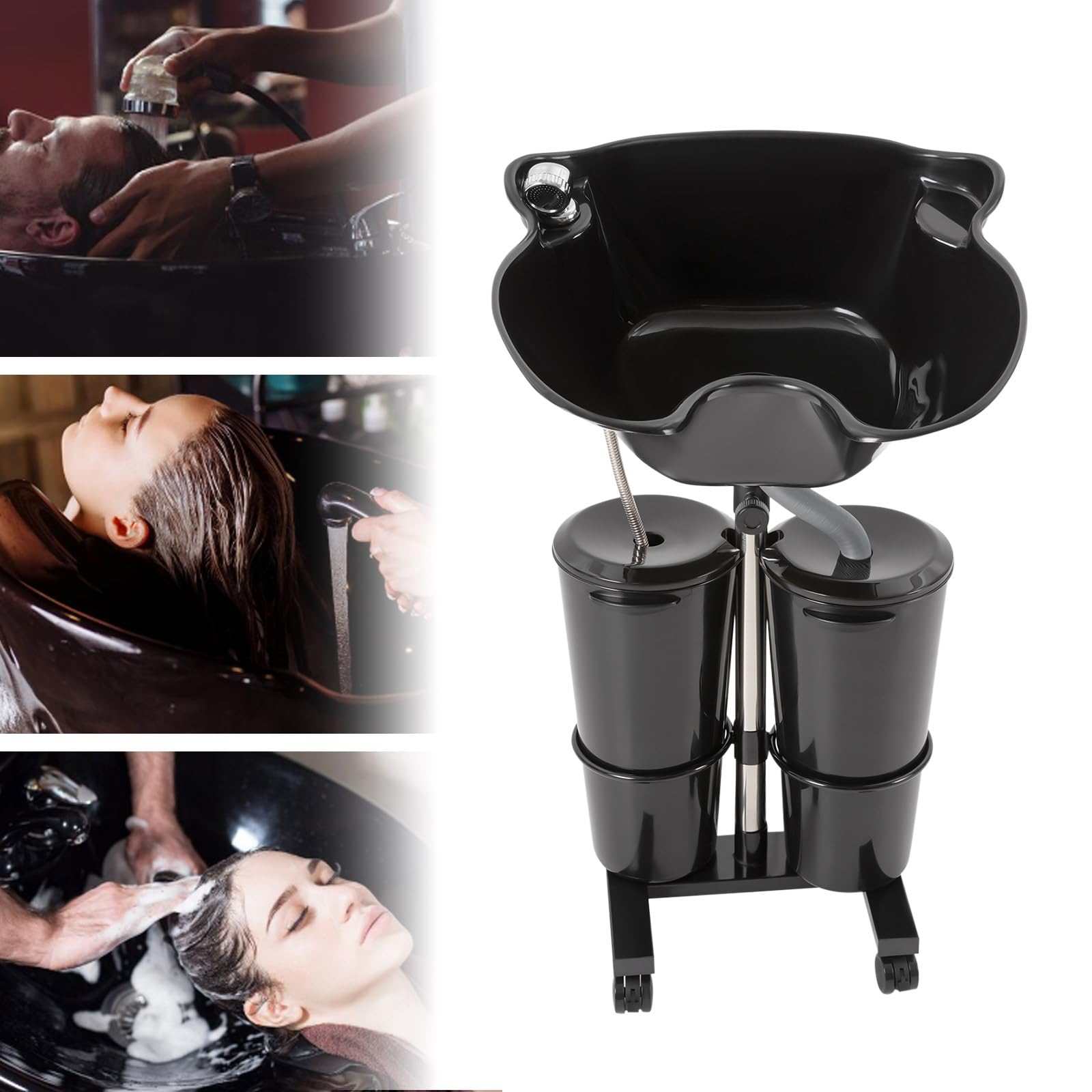 Adjustable Portable Shampoo Basin with 2 Water Buckets - Mobile Hair Washing Station for Salon & Barber Shop - Perfect for Home Care & Professional Use