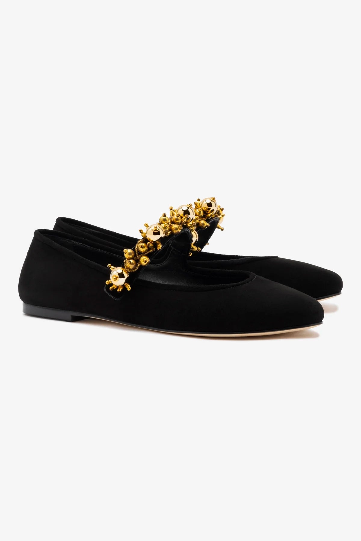 Larroudé x Libertine Verona Black Suede Heels with Golden Balls - Elegant Women's Dress Shoes for Parties, Weddings & Special Occasions