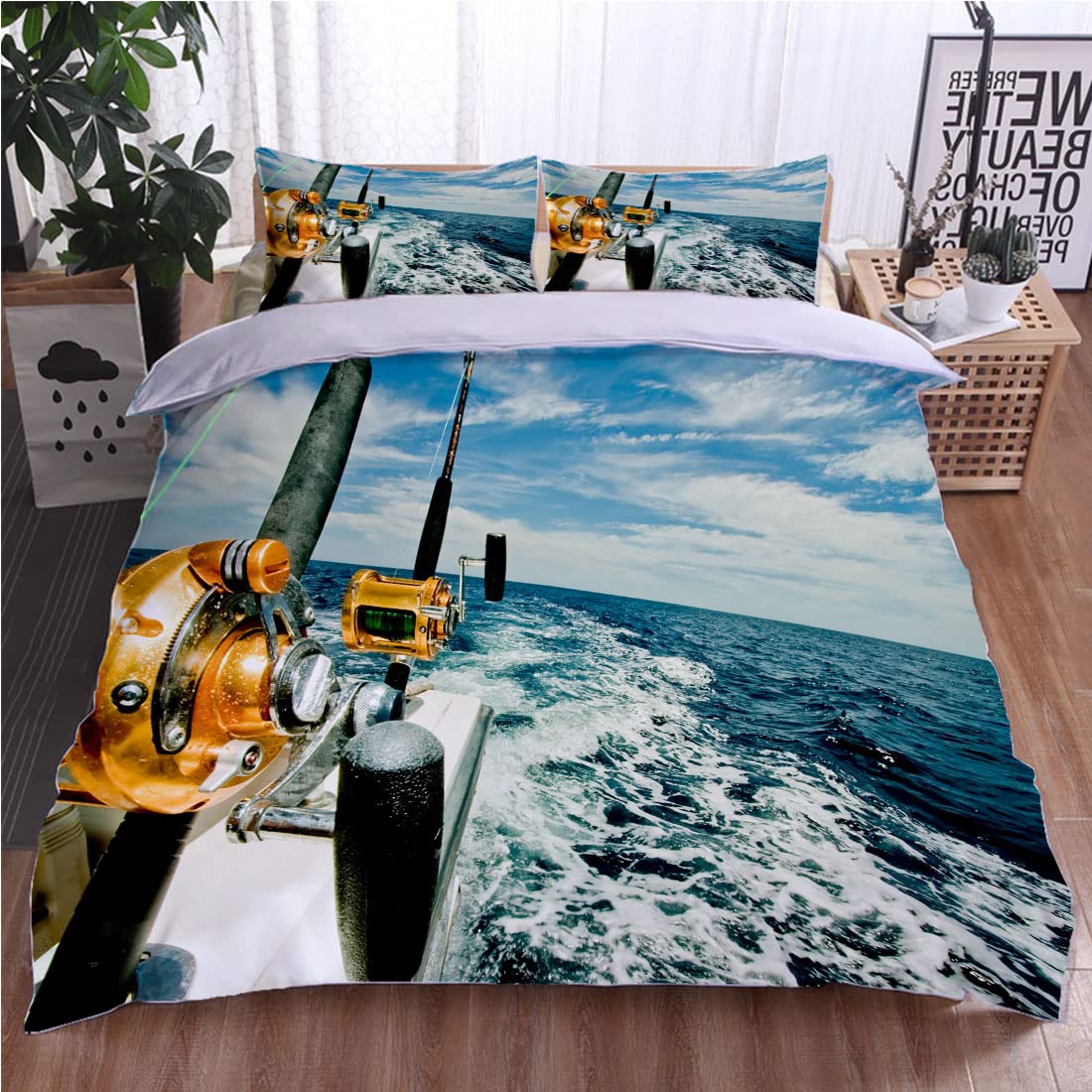 3D Ocean Fishing Duvet Cover Set with Zipper - Big Game Fishing Reels & Boat Design - Full Size Bedding for Boys & Girls (2 PC) - Perfect for Kids' Rooms, Beach Themed Decor & Nautical Bedrooms