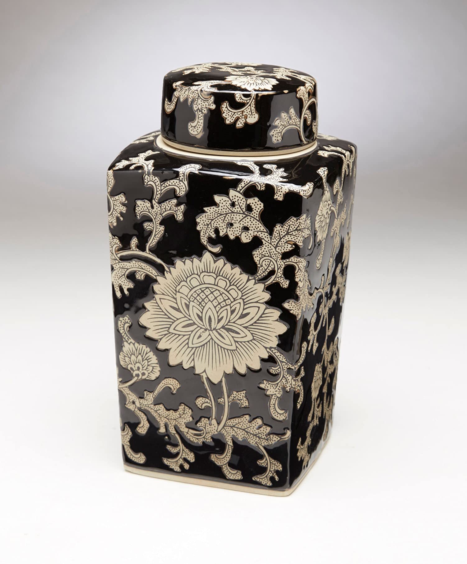 12 Inch Square Brown & Cream Ceramic Jar - Decorative Storage Container for Kitchen, Bathroom & Office Organization