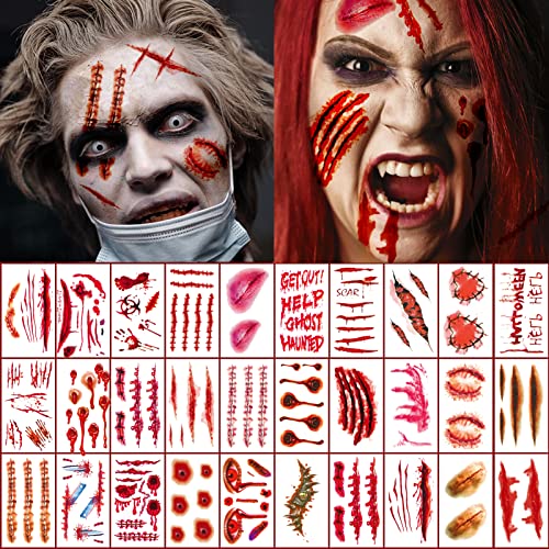 130 Pcs Halloween Zombie Fake Tattoos & Makeup Kit - Realistic Fake Blood, Scars & Vampire FX for Halloween Party, Cosplay & Horror Events (30 Sheets) - Perfect for Costume Parties, Haunted Houses & Themed Gatherings