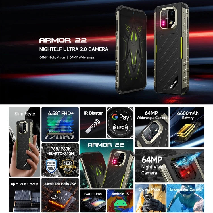 Ulefone Armor 22 Rugged Smartphone - Waterproof, Shockproof, IP68 Certified | Outdoor Adventure, Construction & Extreme Sports