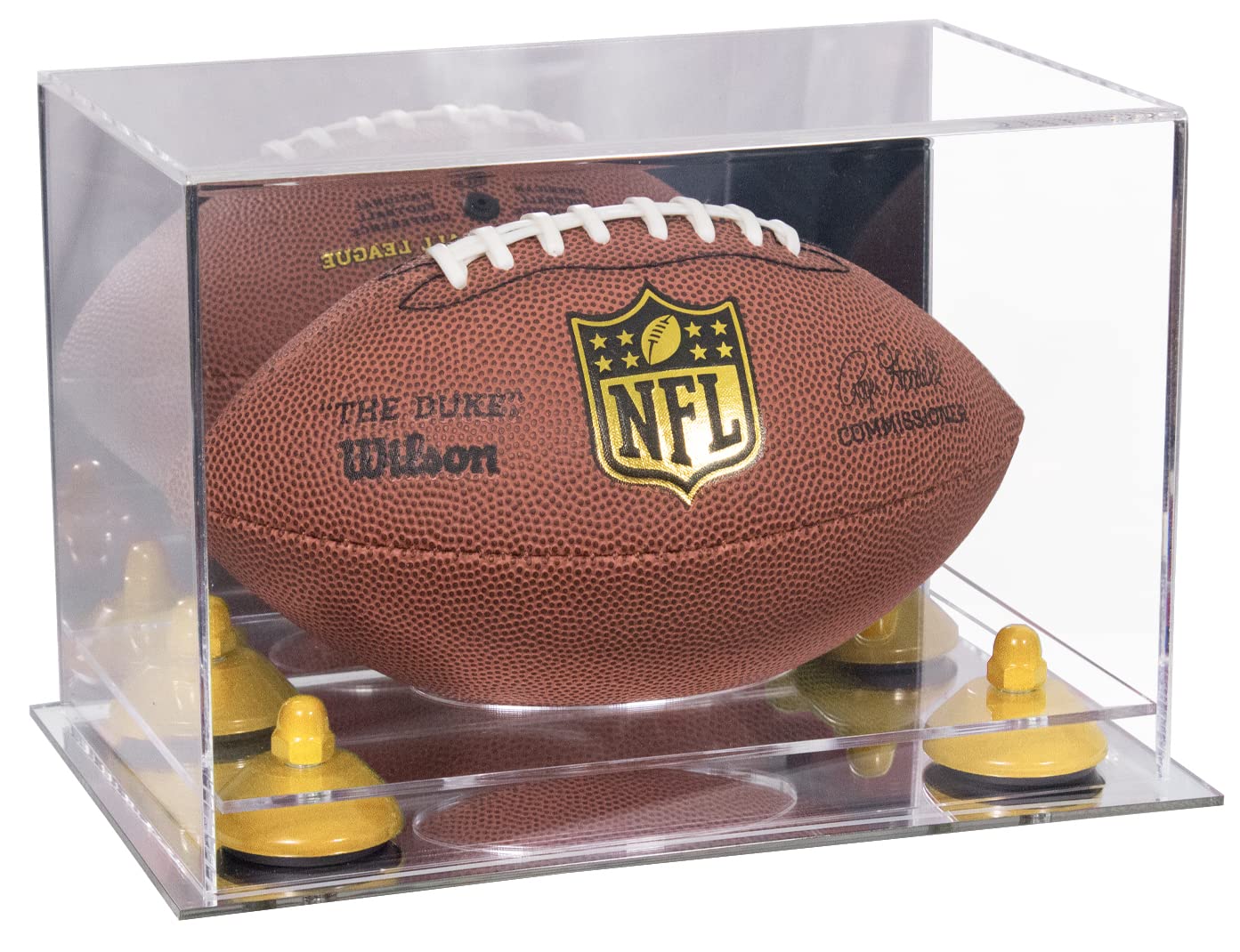 Acrylic Mini Football Display Case with Mirror Base & Pink Risers - Miniature Sports Collectible Showcase (B43/A005) - Perfect for Home Decor, Office Display, and Football Memorabilia Collection