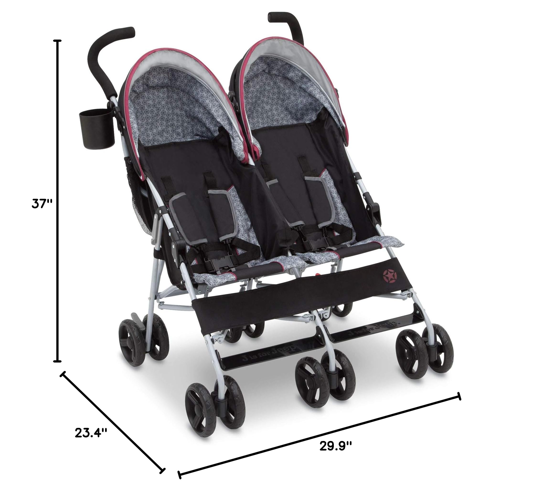 Jeep Scout Double Stroller for Toddlers - Lightweight Side by Side Baby Stroller with Canopy & Storage Basket, Lunar Burgundy - Perfect for Twins, Siblings or Daycare Use at Parks, Malls & Outdoor Adventures