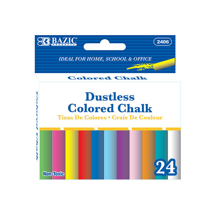 BAZIC Dustless Non-Toxic Colored Chalk Set - 24 Vibrant Assorted Colors for Kids, Classrooms & Sidewalk Art - Perfect for Teaching, Drawing & Outdoor Play